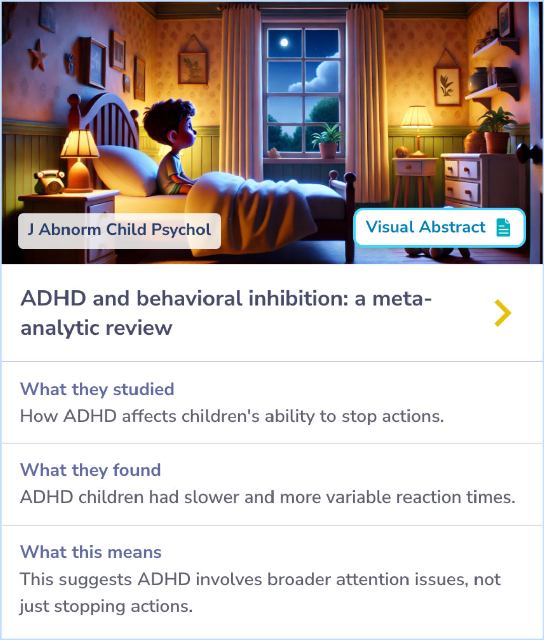 Summary Card showing differences in reaction times and attention issues between children with ADHD and typically developing children using the stop-signal paradigm.