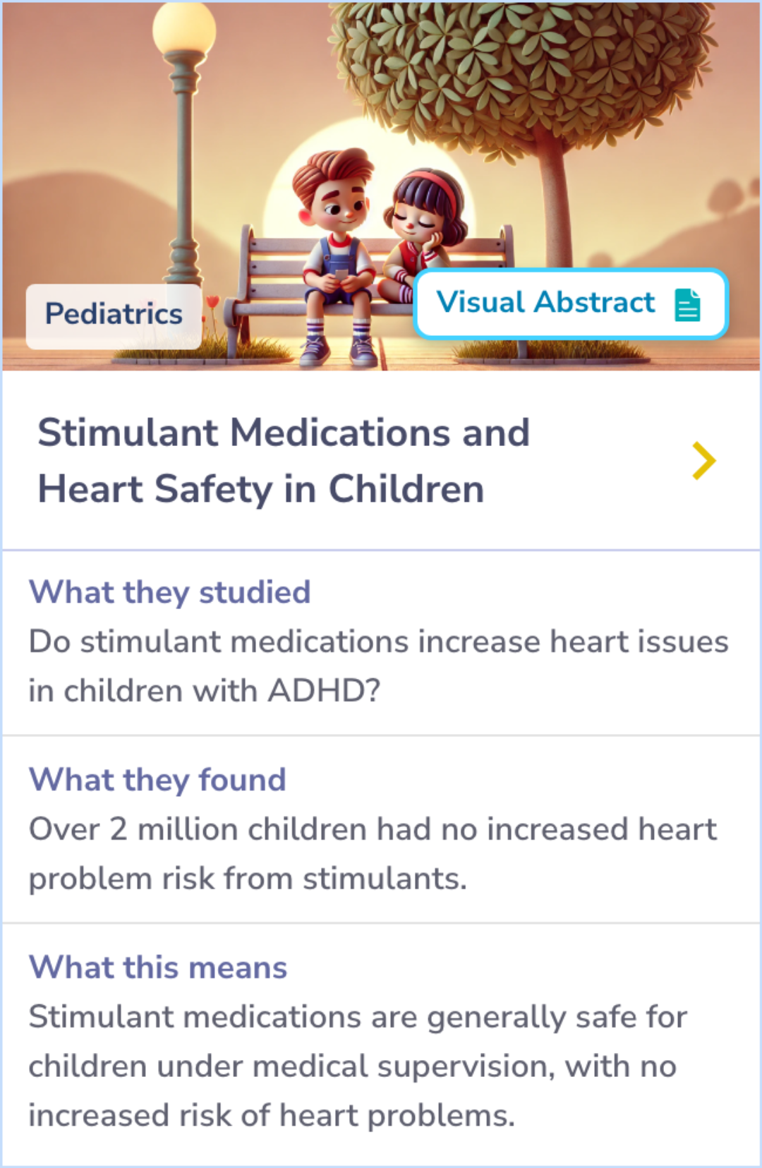 Summary Card comparing cardiac risks for children and adolescents using methylphenidate or amphetamine salts based on Florida Medicaid data, revealing similar risk levels for emergency heart-related visits.