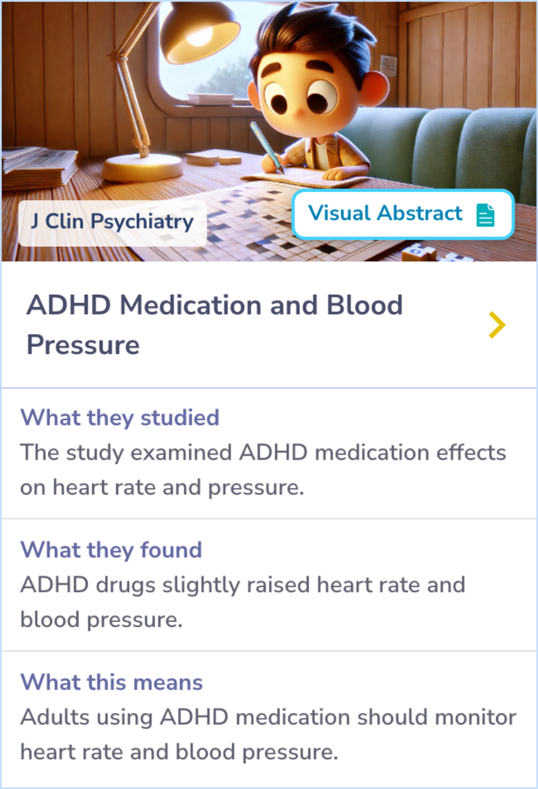 Summary Card discussing the impact of ADHD medications on cardiovascular health, revealing minor but significant changes in heart rate and blood pressure.