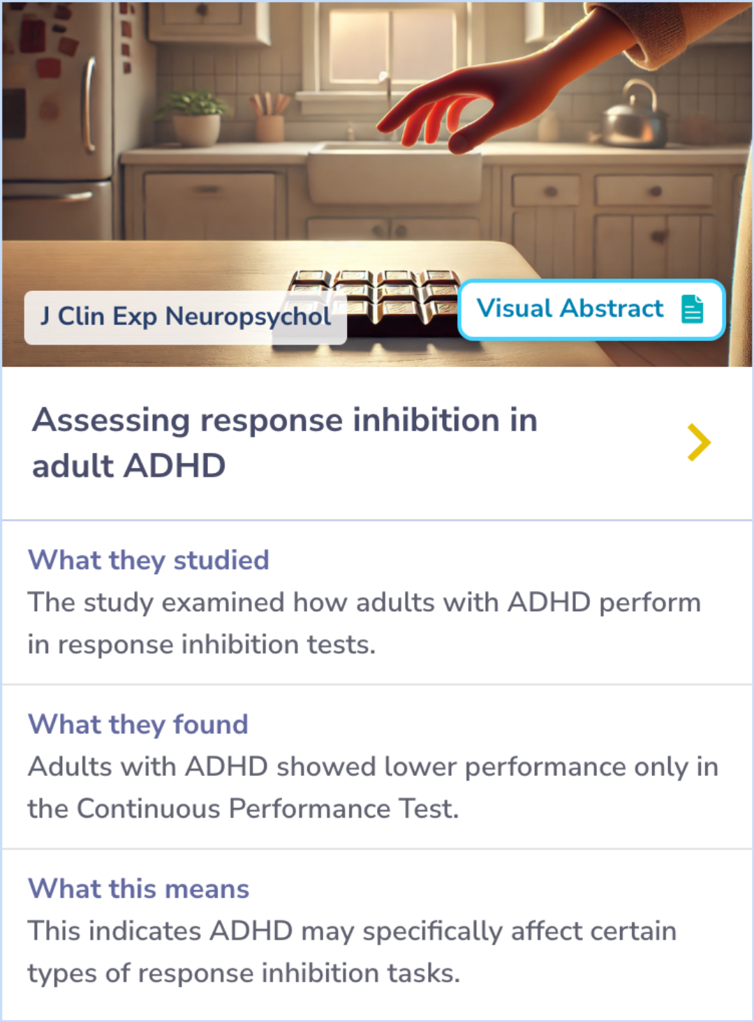 Summary Card explaining how ADHD adults show response inhibition deficits compared to anxiety-disordered and normal adults, particularly highlighted by the Continuous Performance Test.