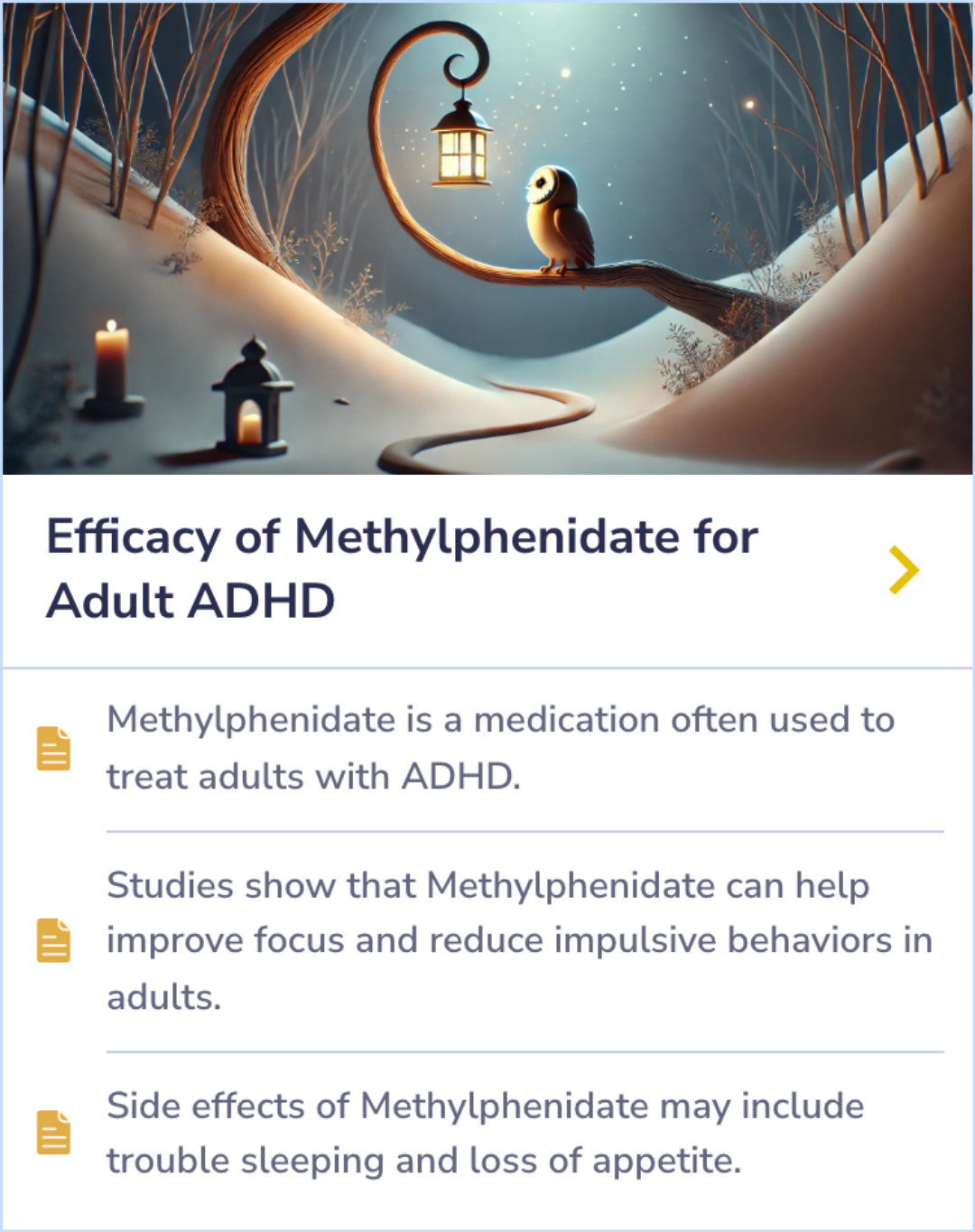 Summary Card discussing the variable long-term effectiveness of Methylphenidate in treating ADHD in adults.