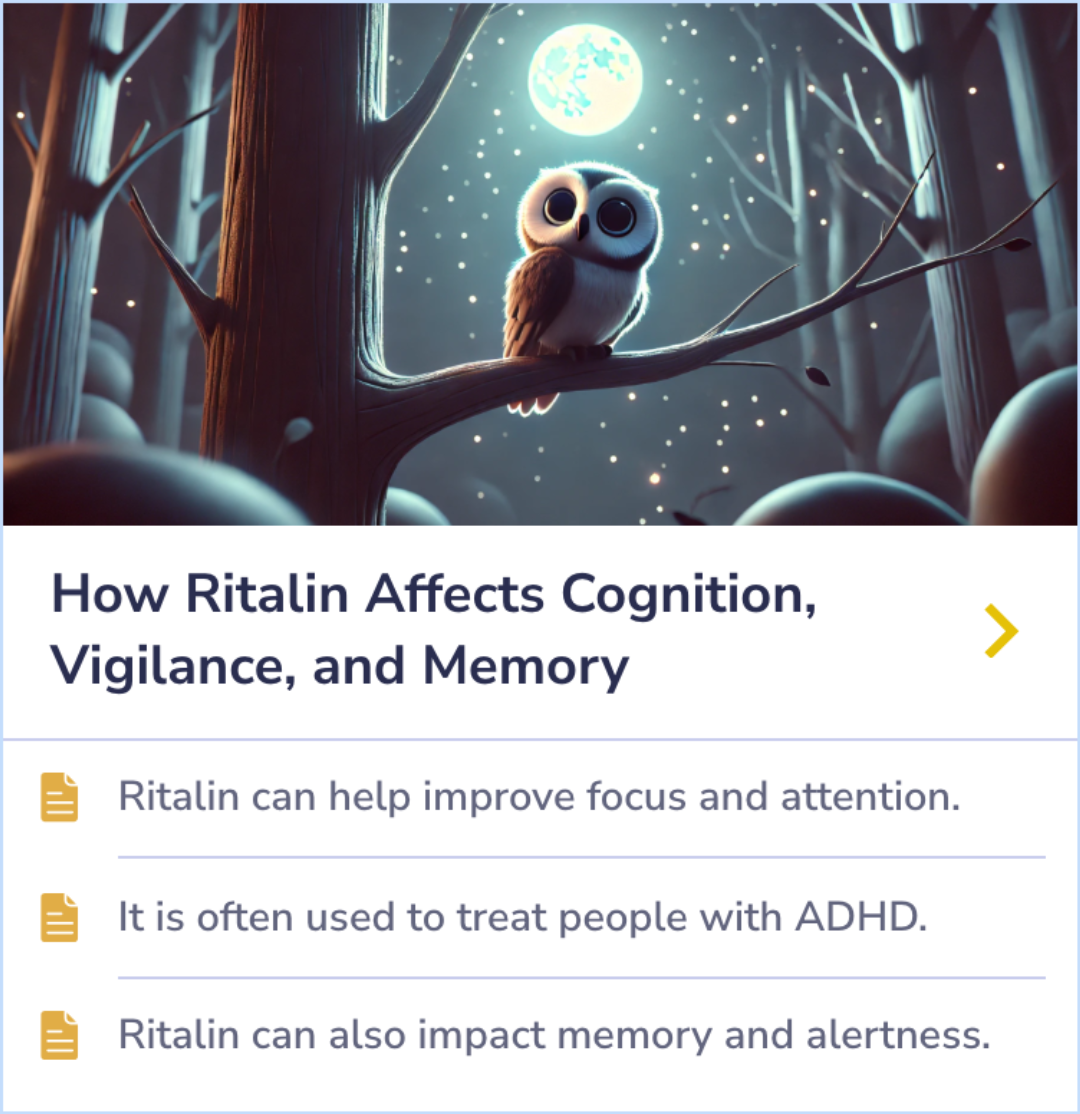 Summary Card detailing the varied long-term efficacy and safety of Methylphenidate in adults, highlighting differences in response rates, common adverse effects, and cognitive benefits.
