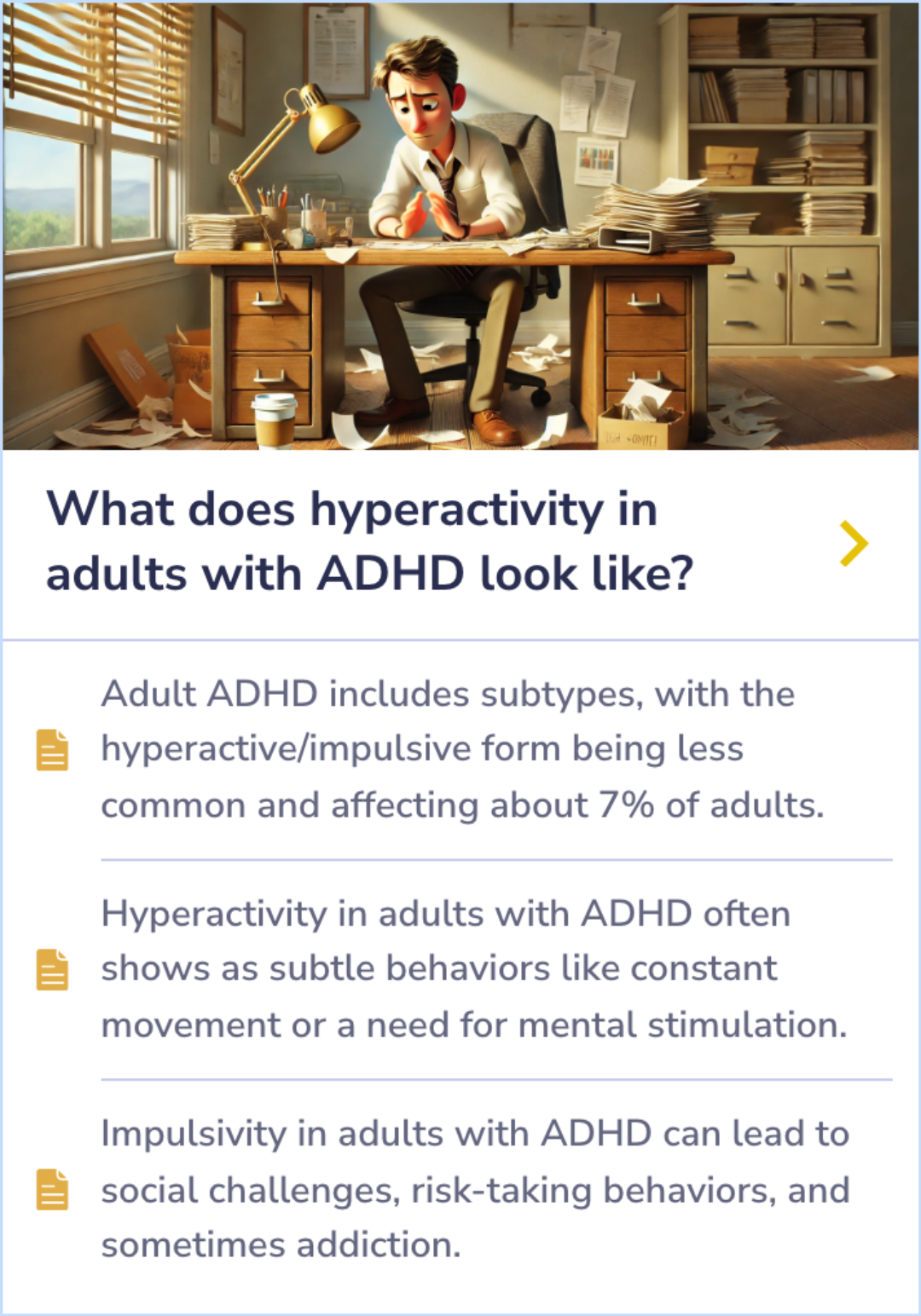 Summary Card highlighting adult ADHD subtypes, symptoms like hyperactivity and impulsivity, and mindfulness meditation as a potential management tool.