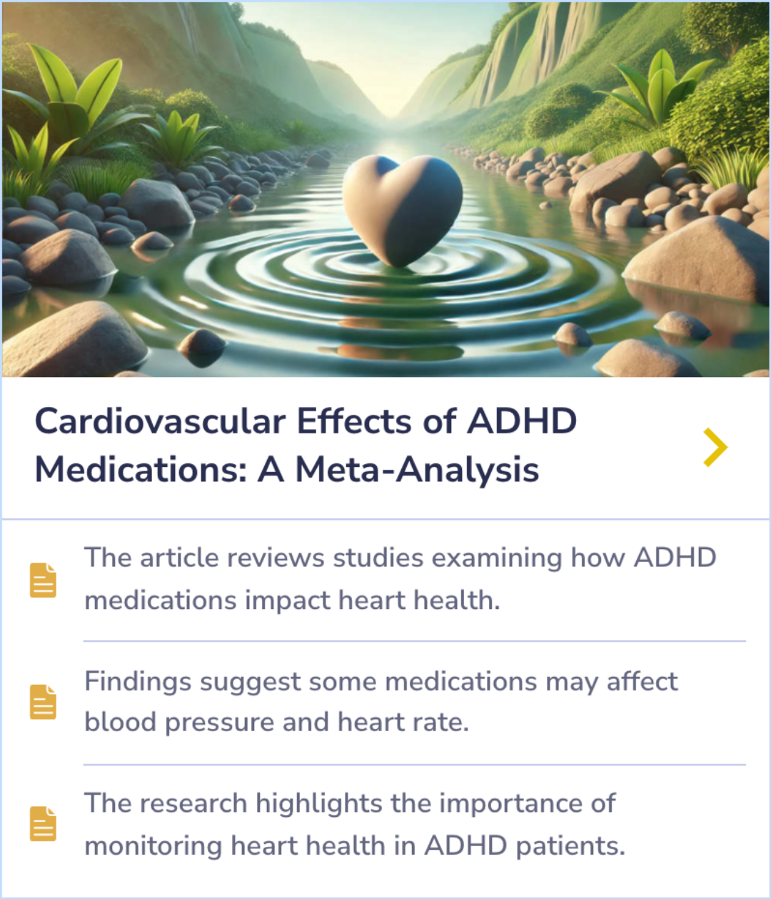 Summary Card on the impact of ADHD medications on heart health, focusing on blood pressure and heart rate changes and the need for cardiovascular monitoring.