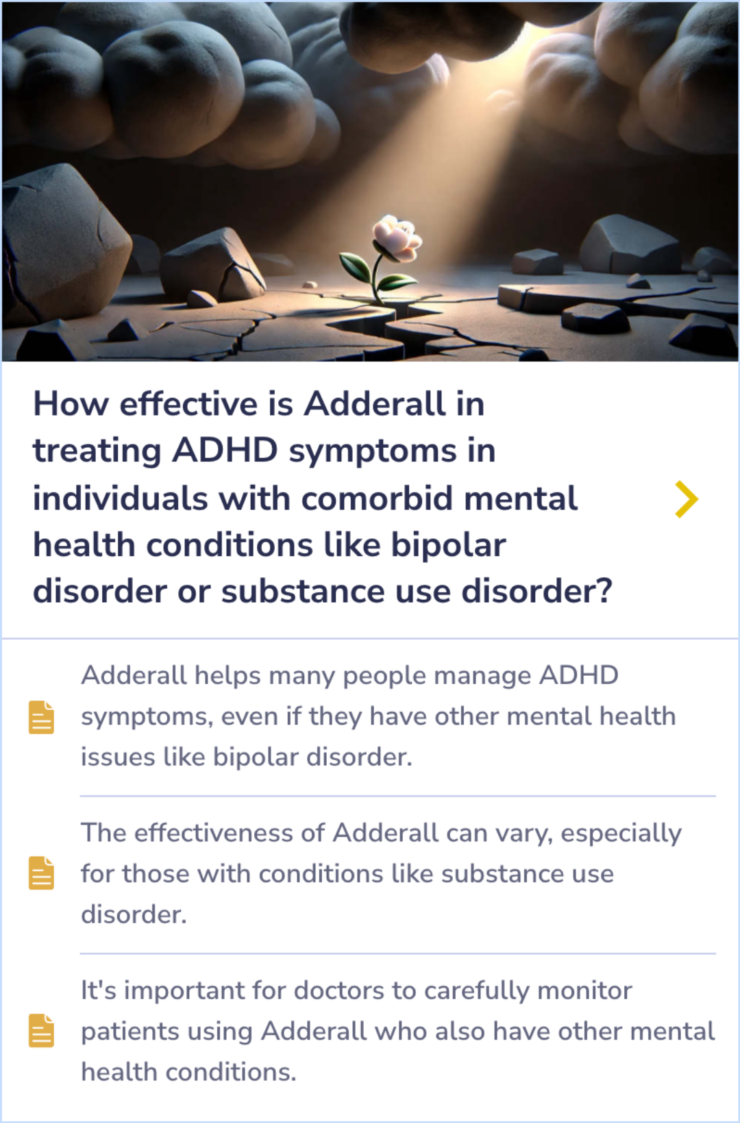 Summary Card highlighting management strategies for children with ADHD and bipolar disorder while considering stimulant risks.