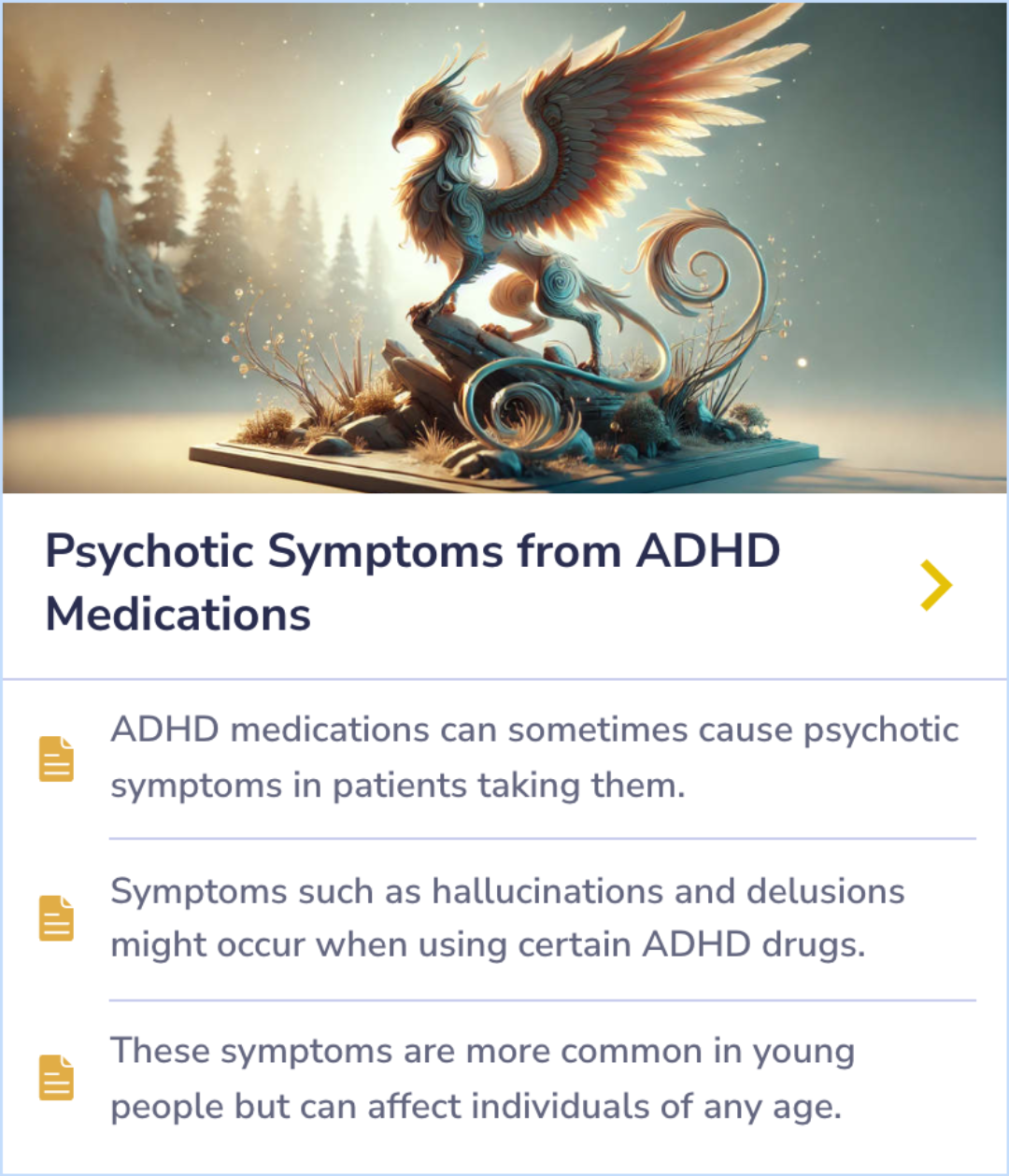 Summary Card on psychotic symptoms linked to ADHD medication use, highlighting potential hallucinations or delusions, particularly among younger users.