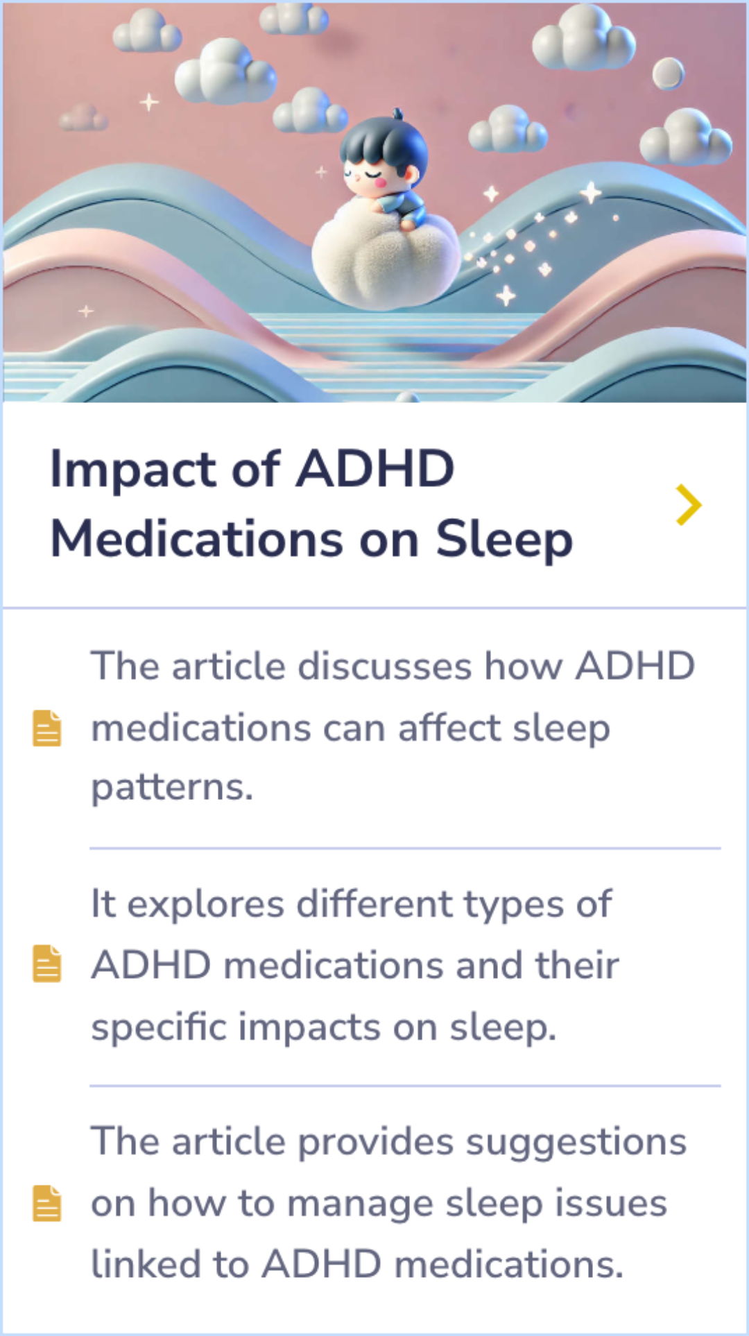 Summary card on the varied effects of ADHD medications on sleep patterns and quality.