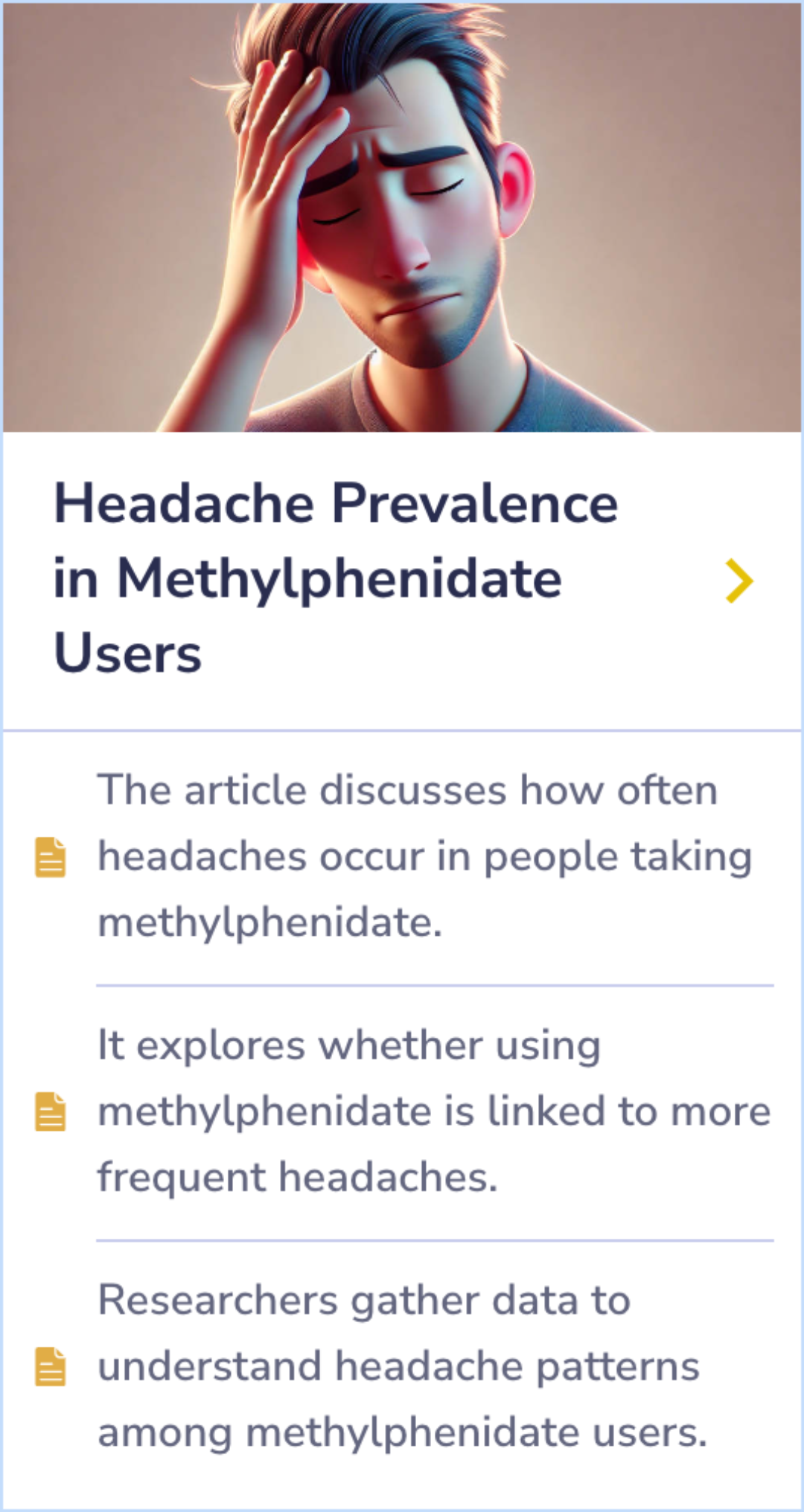 Summary Card exploring the connection between methylphenidate use and headache frequency, showcasing data on headache occurrences among users.