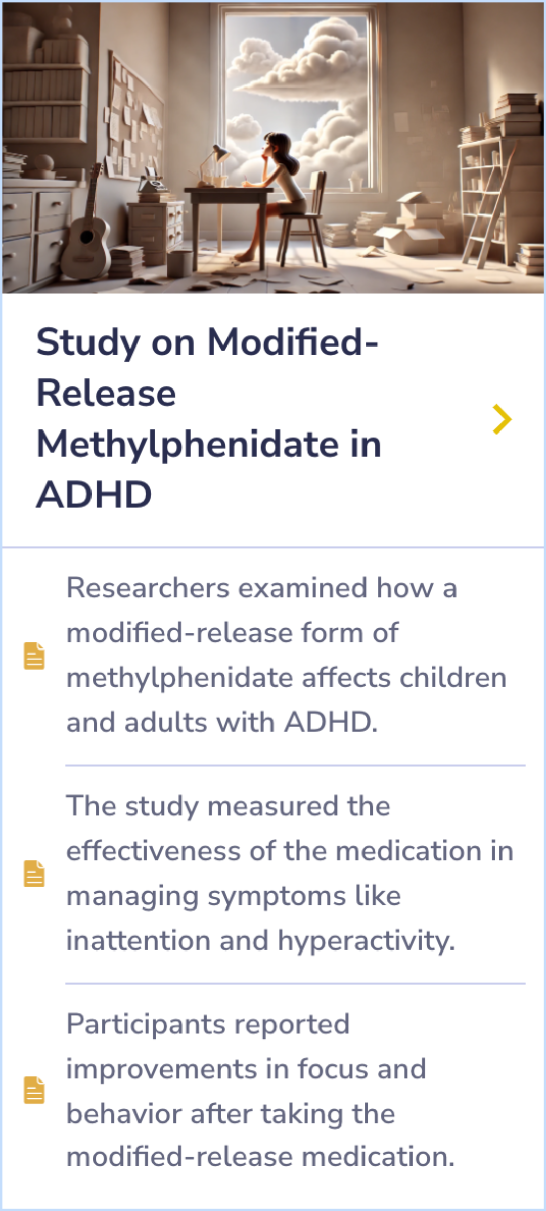 Summary Card explains how Ritalin boosts cognitive functions by increasing dopamine in the brain's prefrontal cortex. It details how this supports memory and attention in individuals, both with and without ADHD, highlighting the broader applications of the drug.