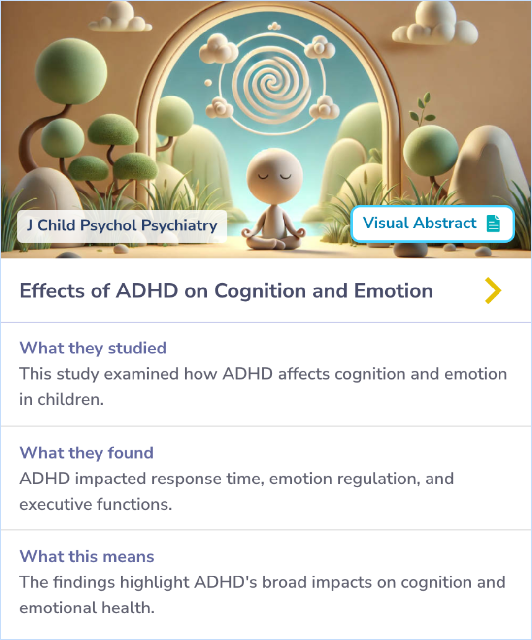 Summary Card highlighting the comparison of ADHD children to controls in terms of neuropsychological deficits and emotional functioning. The card notes that deficits in executive functions, reaction time variability, and emotional functioning significantly contribute to ADHD, with no notable gender differences.