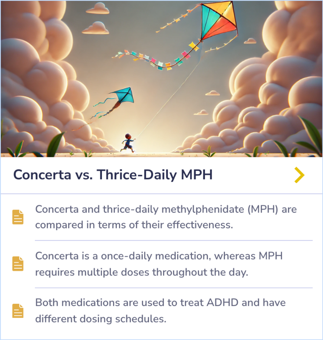 Detailed comparison of Concerta and thrice-daily methylphenidate (MPH) for ADHD treatment, focusing on effectiveness and dosing differences. Summary Card describing how Concerta simplifies treatment with a single daily dose compared to the multiple doses required for MPH.