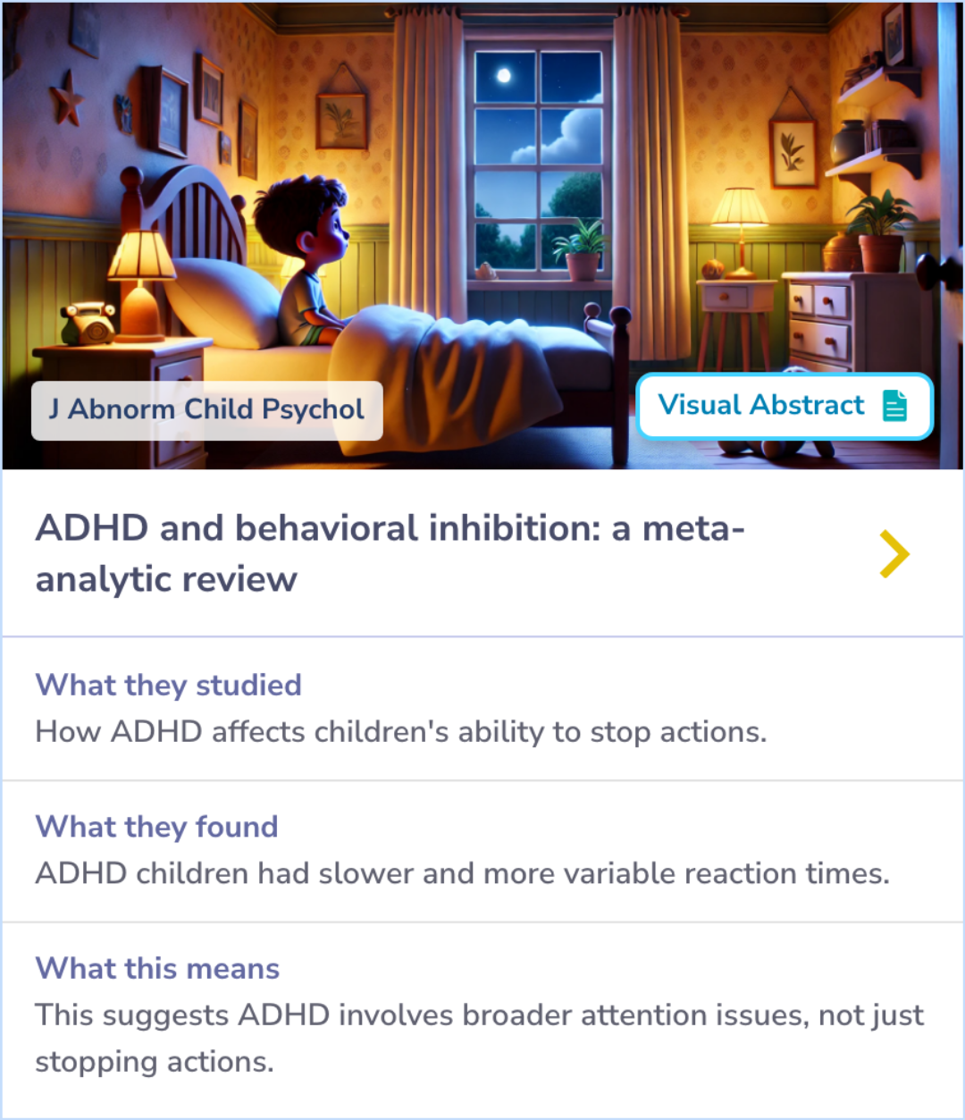 Summary Card showing differences in reaction times and attention issues between children with ADHD and typically developing children using the stop-signal paradigm.