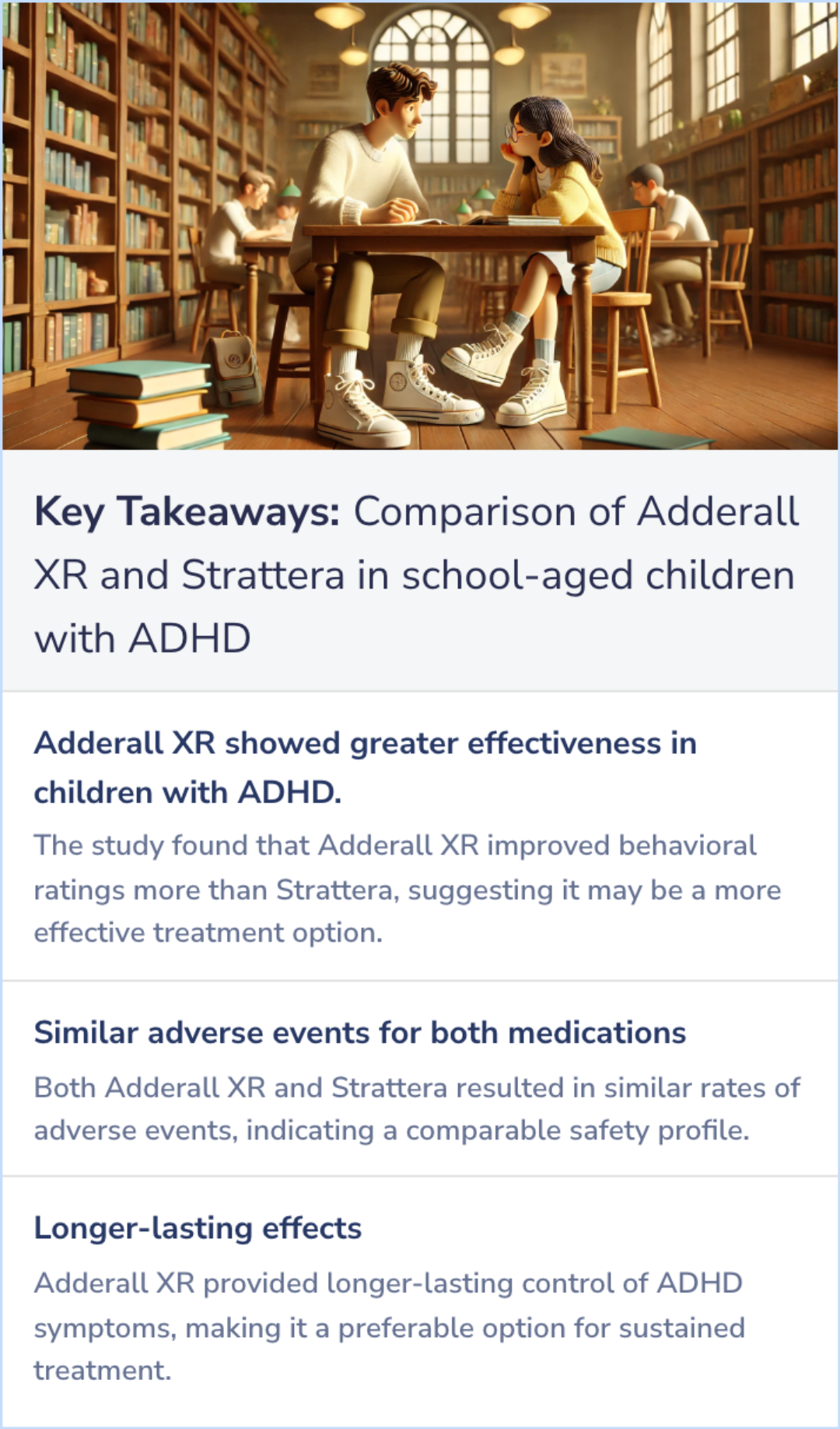 Key Takeaways for A laboratory school comparison of mixed amphetamine salts extended release (Adderall XR) and atomoxetine (Strattera) in school-aged children with attention deficit/hyperactivity disorder.