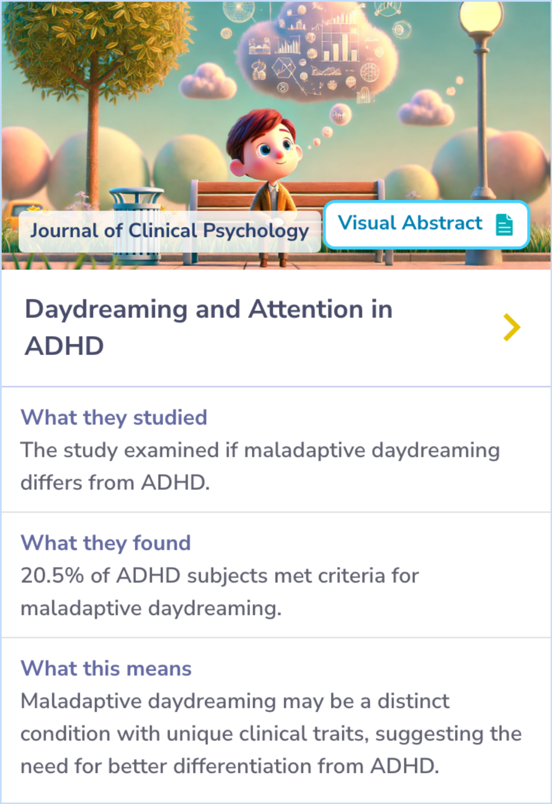 Summary Card discussing a study that examines whether maladaptive daydreaming (MD) is distinct from ADHD in adults, finding that only 20.5% of adults with ADHD met criteria for MD, suggesting its unique characteristics.