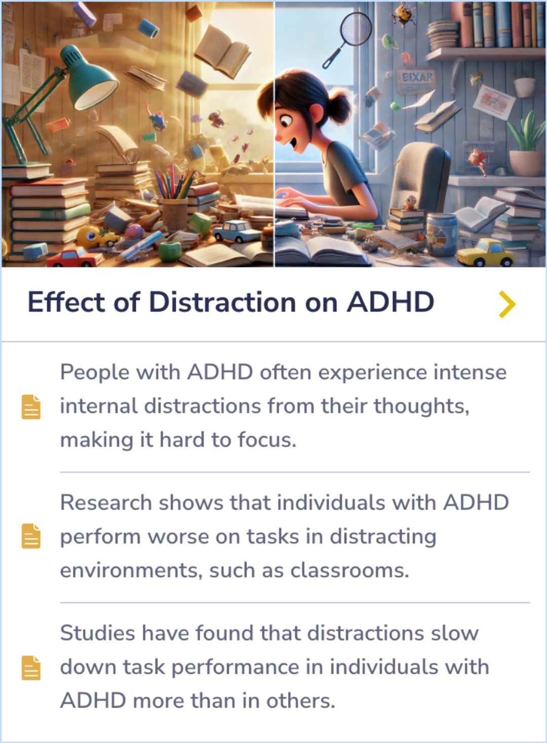 Summary Card highlighting the difficulties faced by individuals with ADHD, including increased internal distractions and prolonged task completion times in distracting environments.