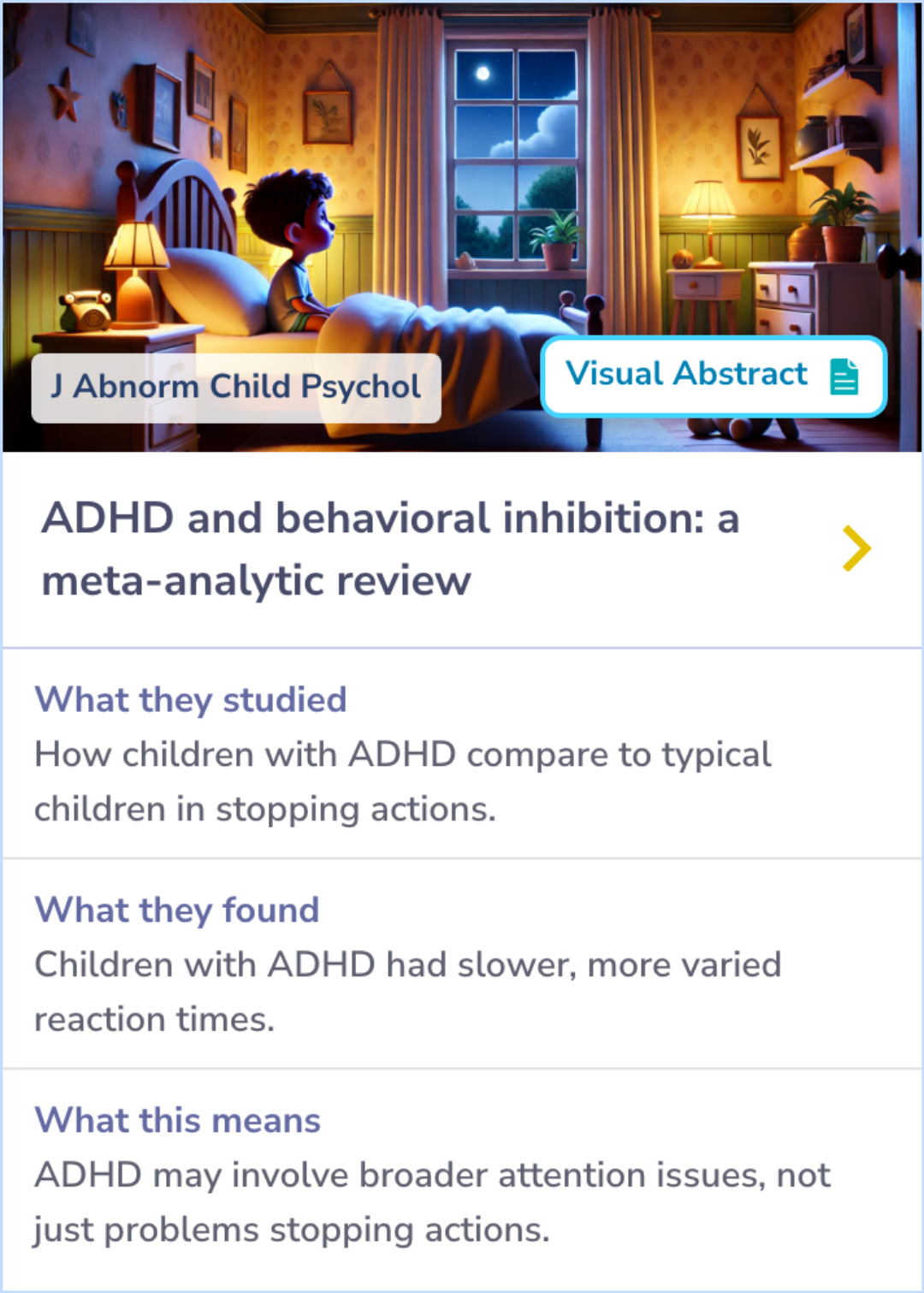 Summary Card showing differences in reaction times and attention issues between children with ADHD and typically developing children using the stop-signal paradigm.