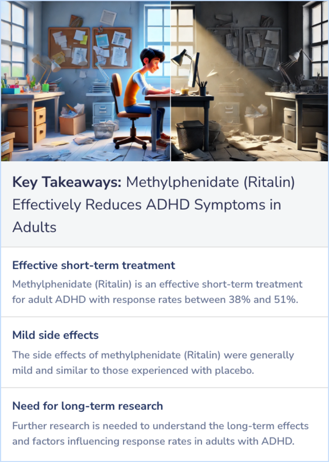 Key Takeaways for Efficacy and safety of methylphenidate in 45 adults with attention-deficit/hyperactivity disorder. A randomized placebo-controlled double-blind cross-over trial.