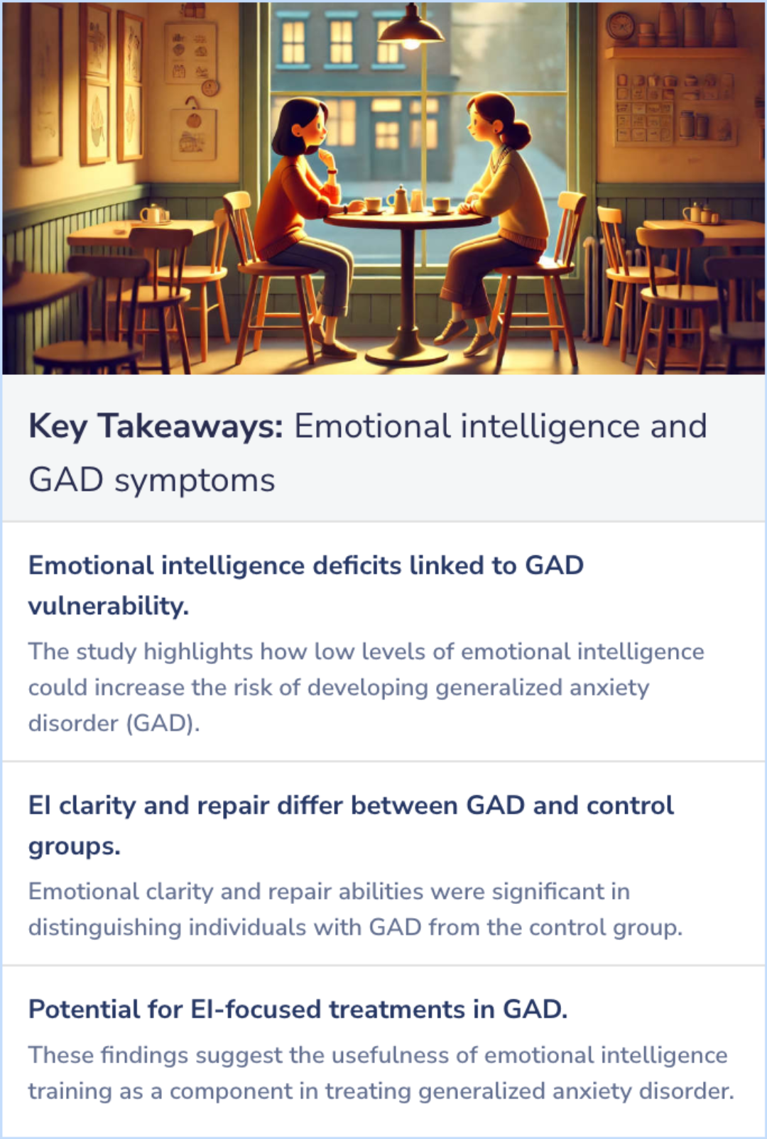 Key Takeaways for Emotional intelligence and clinical symptoms in outpatients with generalized anxiety disorder (GAD)
