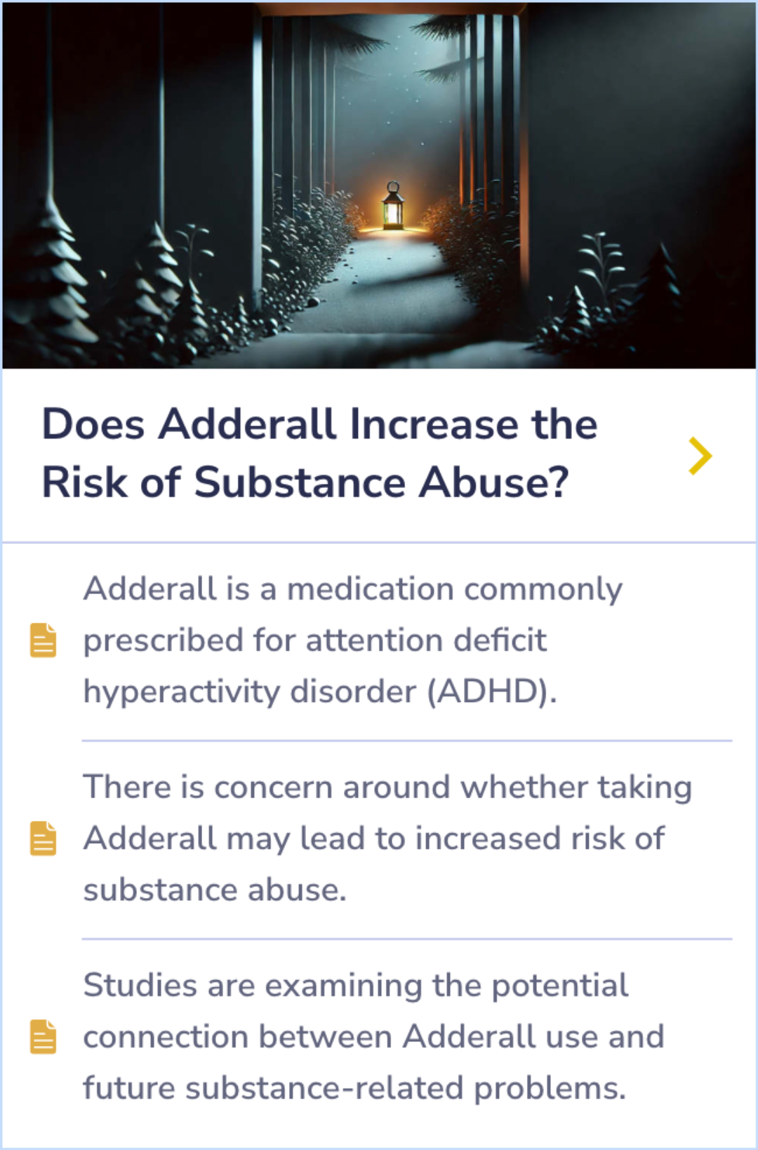 Summary Card exploring Adderall's potential connection to substance abuse risks, highlighting studies on ADHD medication and future substance use issues.