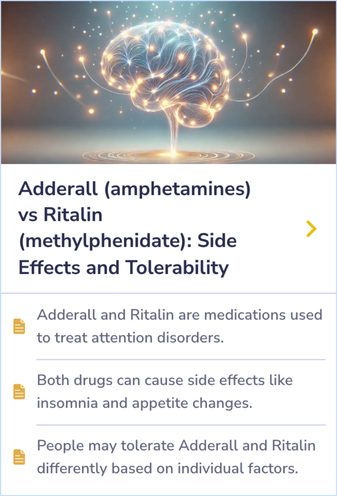 Summary Card comparing Adderall and Ritalin, focusing on side effects such as insomnia and appetite changes, and highlighting individual differences in tolerability.
