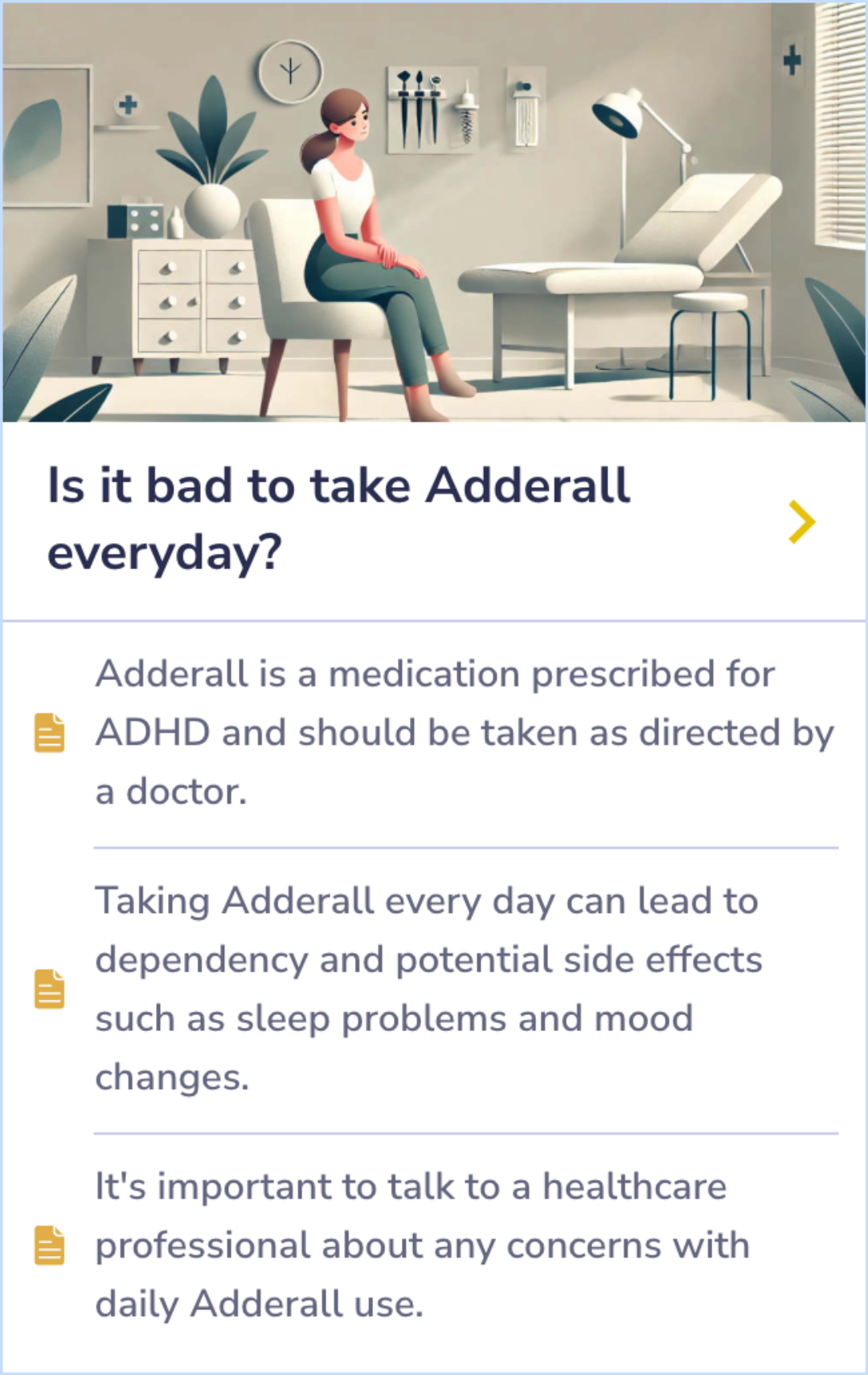 Summary Card discussing potential risks and side effects of daily Adderall use for ADHD, including dependency, sleep issues, and mood changes. Emphasizes consulting with healthcare providers for safe treatment.