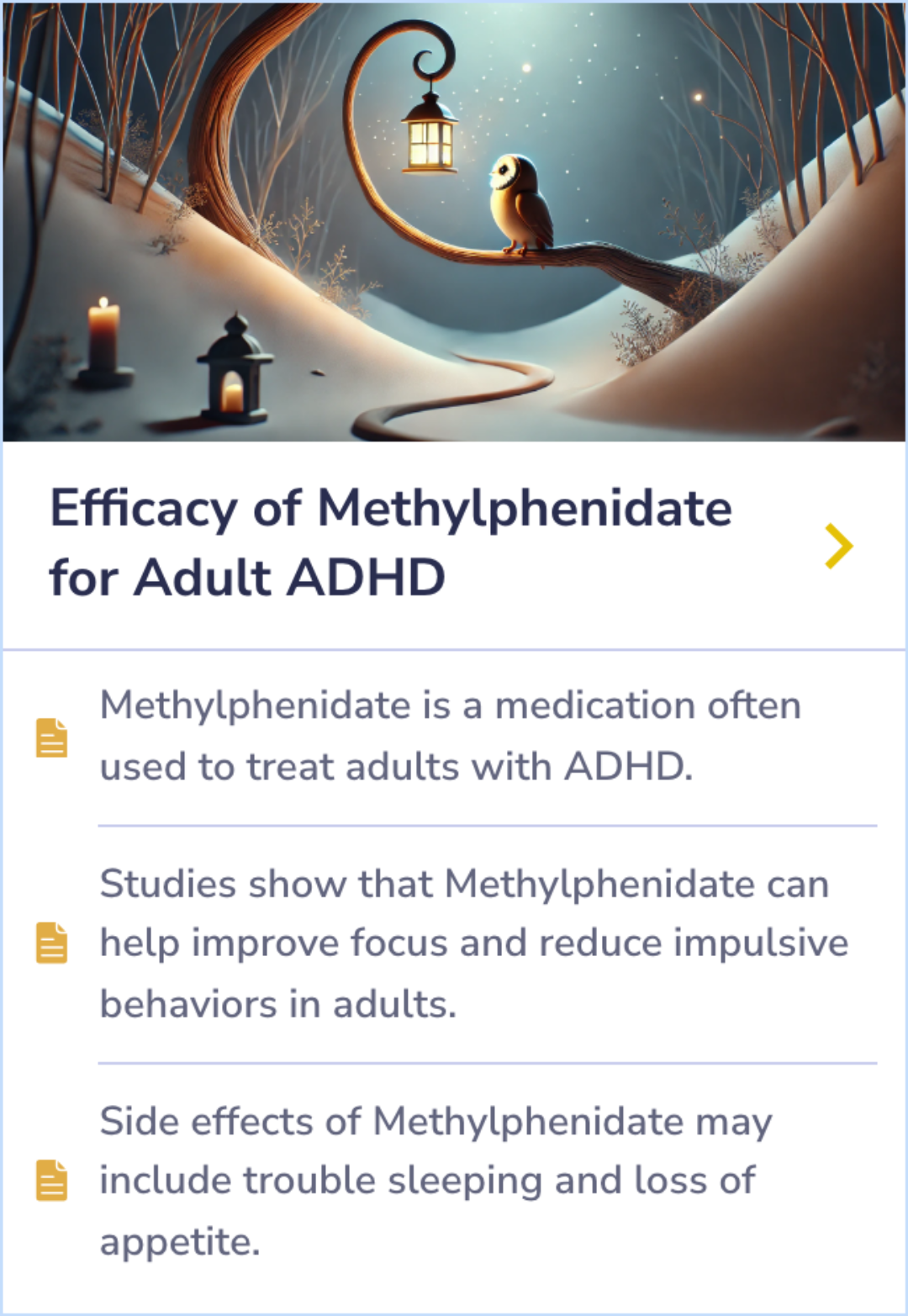 Summary Card discussing the variable long-term effectiveness of Methylphenidate in treating ADHD in adults.