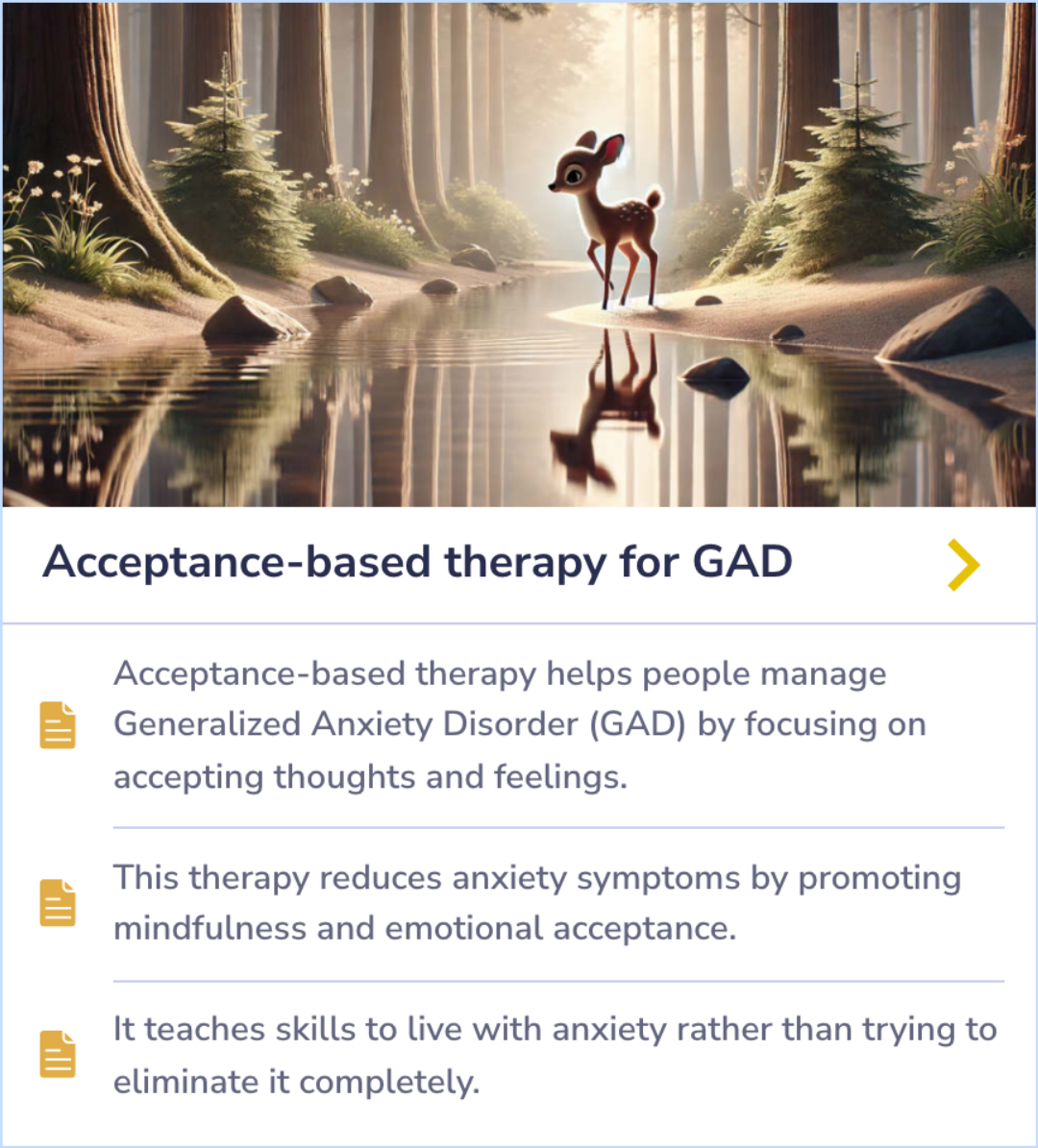Summary Card explaining how acceptance-based therapy helps manage Generalized Anxiety Disorder through mindfulness and emotional acceptance. It teaches individuals to coexist with anxiety instead of trying to eliminate it.