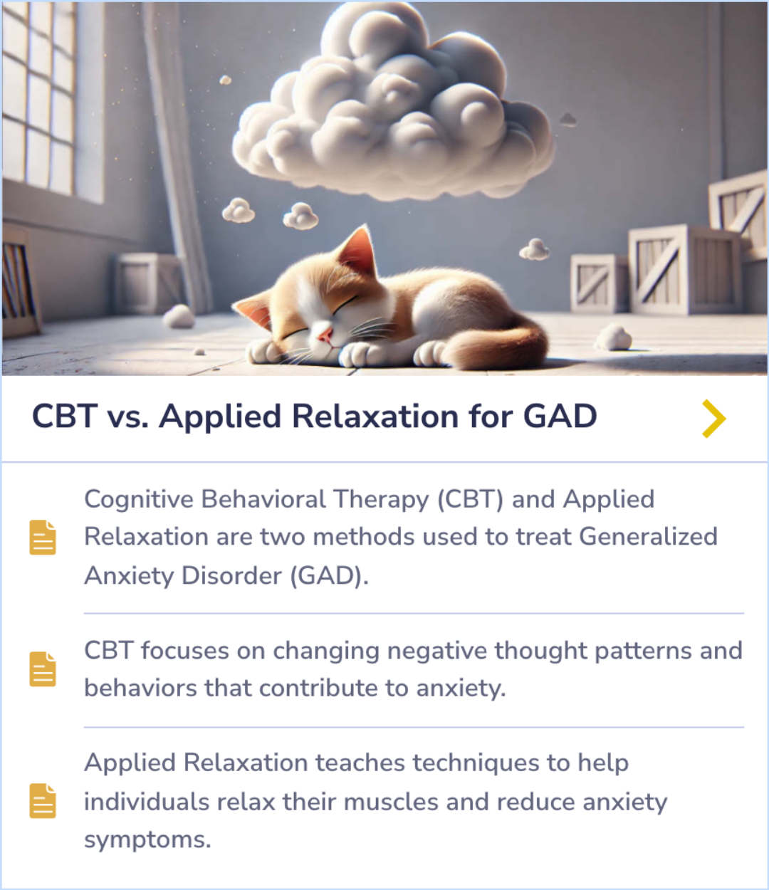 Summary card comparing Cognitive Behavioral Therapy (CBT) and Applied Relaxation as treatments for Generalized Anxiety Disorder, explaining their different approaches to alleviating anxiety.