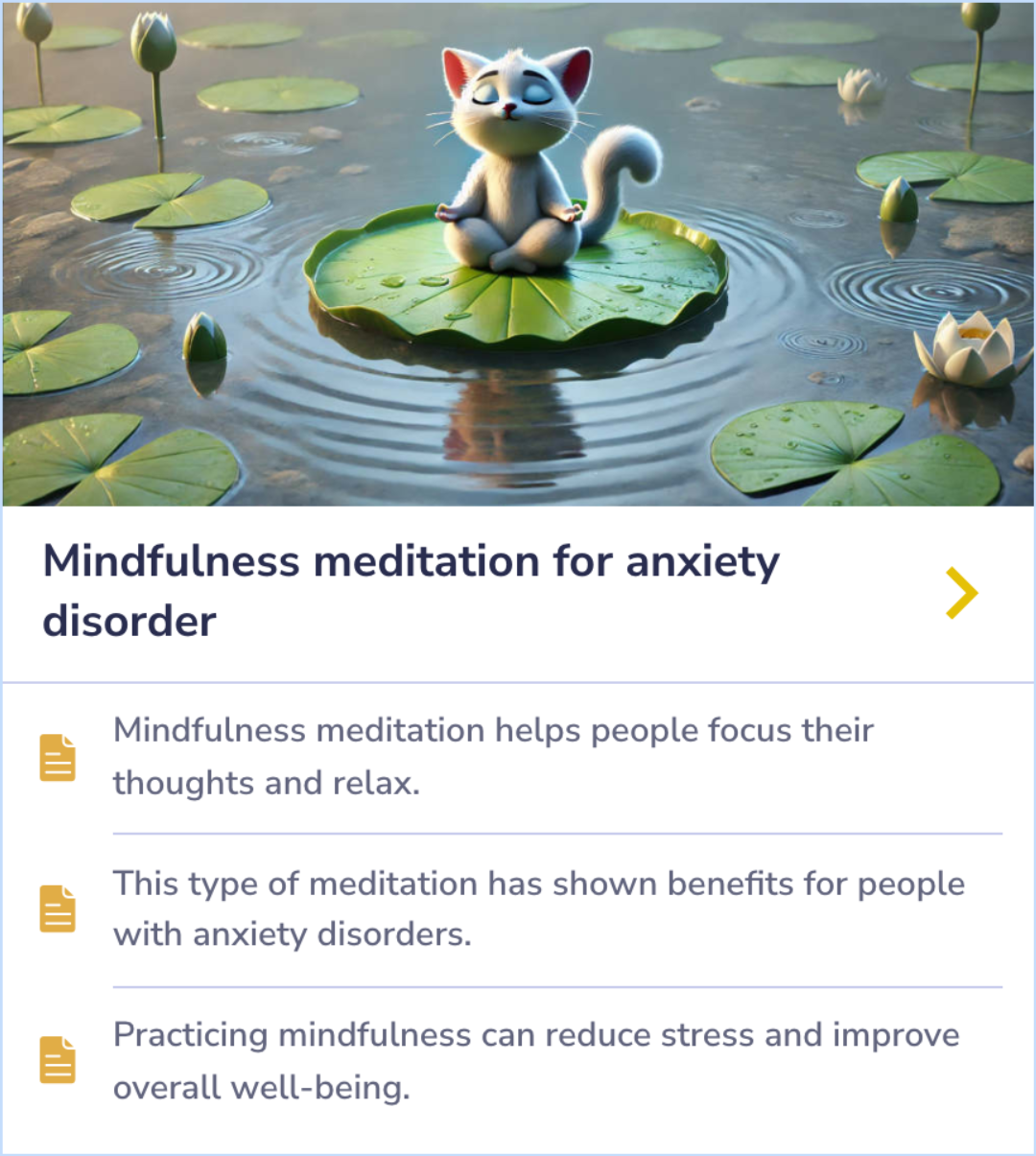 A summary card describing how mindfulness meditation can help individuals reduce stress and focus, with specific benefits for anxiety disorders.