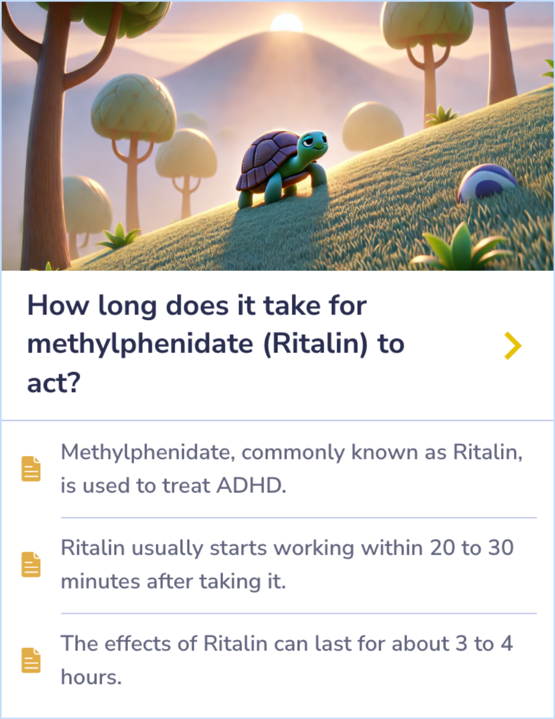 Summary Card showing how different foods affect Ritalin metabolism, illustrating changes in medication effectiveness based on dietary choices.