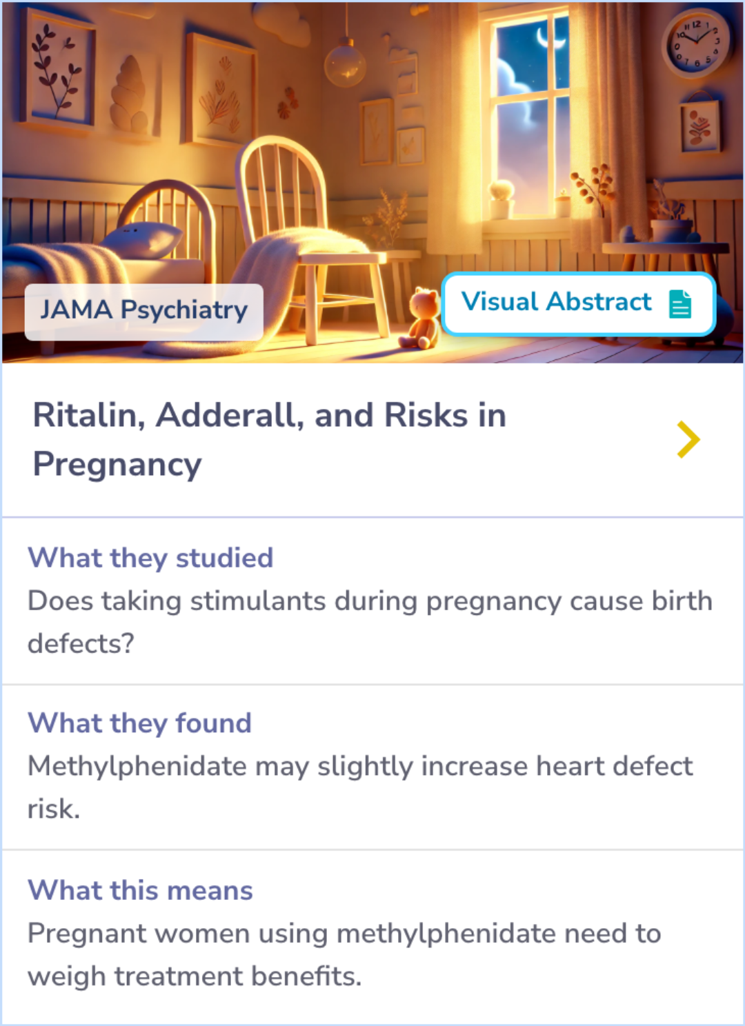 Summary card showing a study that examines the risk of congenital cardiac malformations associated with stimulant use during pregnancy. Focused on methylphenidate and amphetamines exposure, contrasting their impacts.