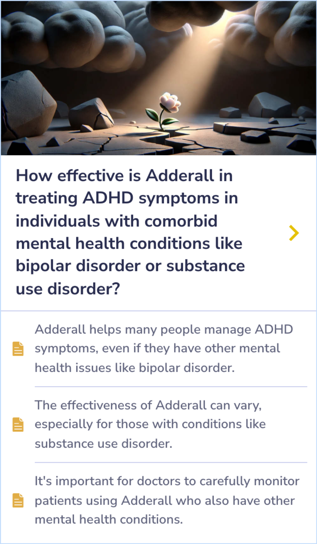 Summary Card highlighting management strategies for children with ADHD and bipolar disorder while considering stimulant risks.