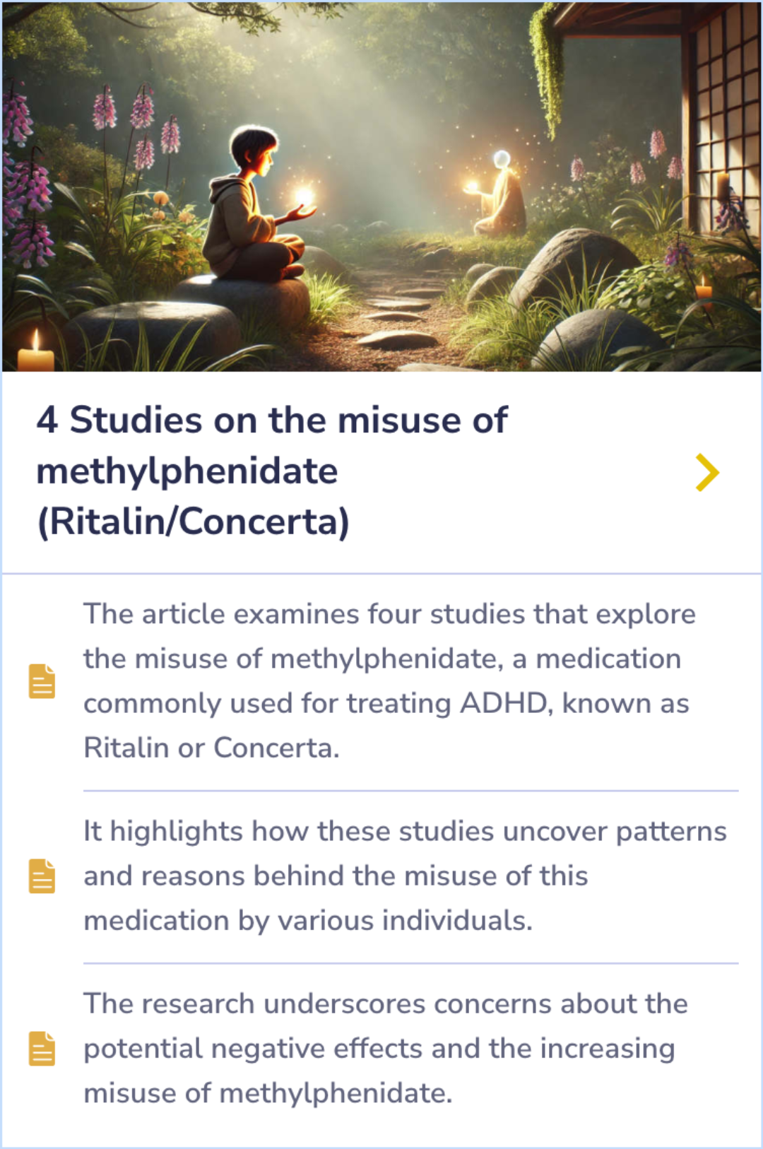 Summary card discussing the patterns, motivations, and negative outcomes related to the misuse of methylphenidate, an ADHD medication.