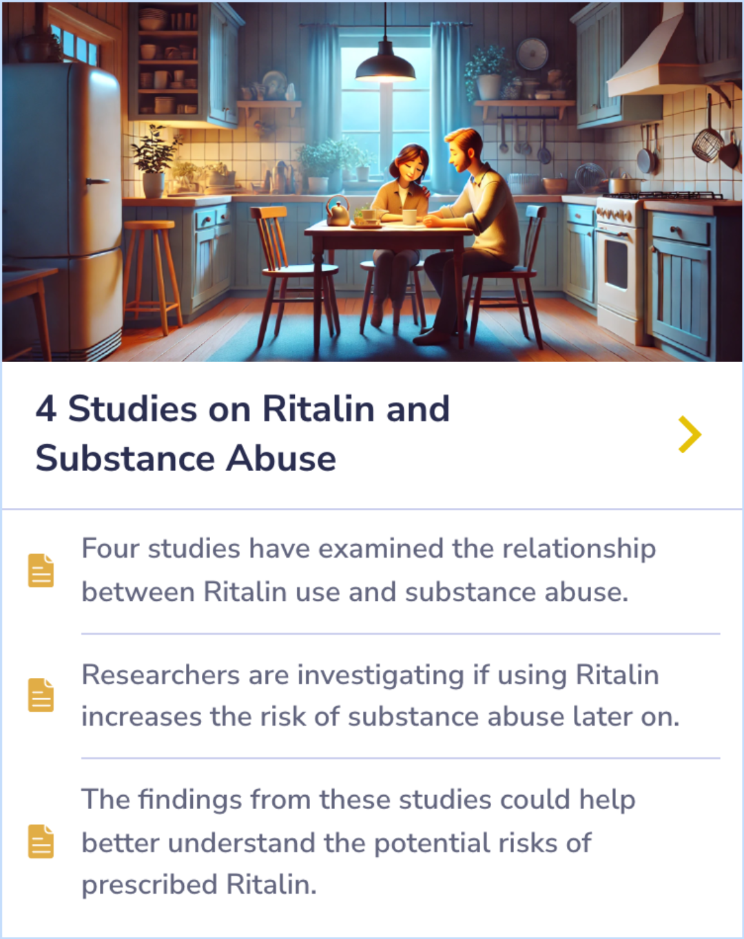 Summary Card examining studies on the link between Ritalin use and future substance abuse risks.