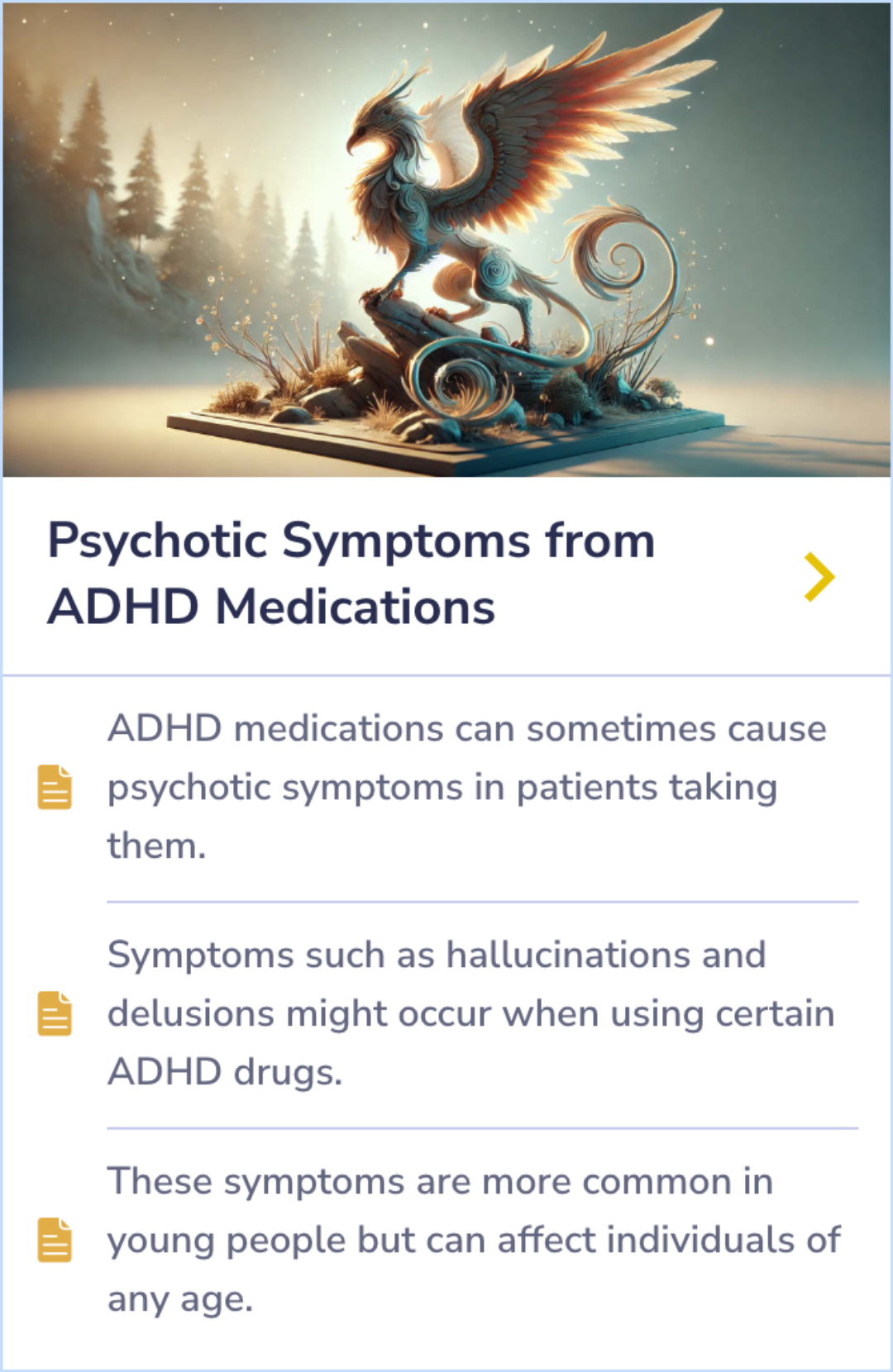 Summary Card on psychotic symptoms linked to ADHD medication use, highlighting potential hallucinations or delusions, particularly among younger users.