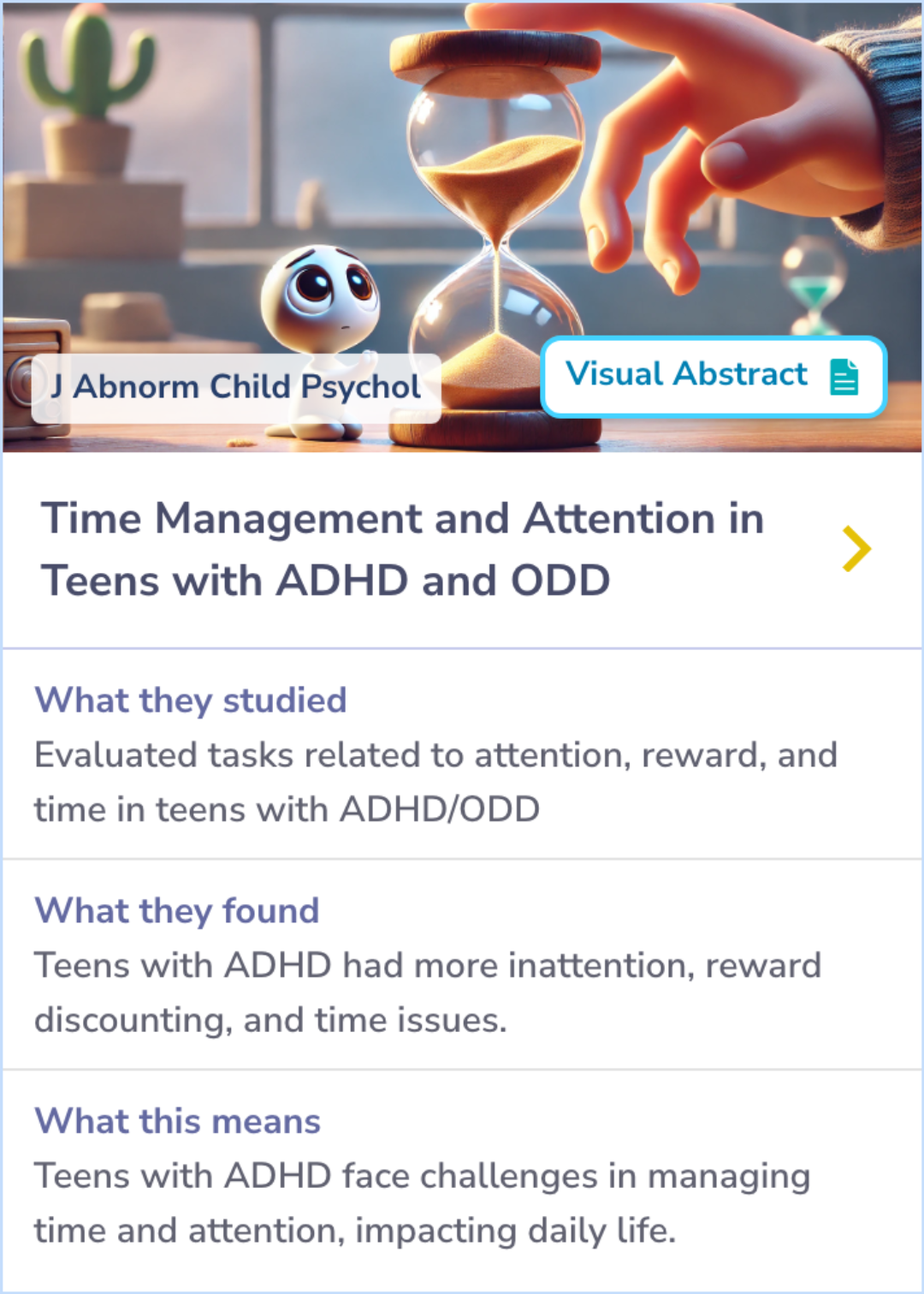 A summary card containing a comparison of clinic-referred teens with ADHD and ODD to community control teens in their performance on psychological tasks, highlighting issues with inattention, temporal discounting, and time reproduction for the ADHD group.