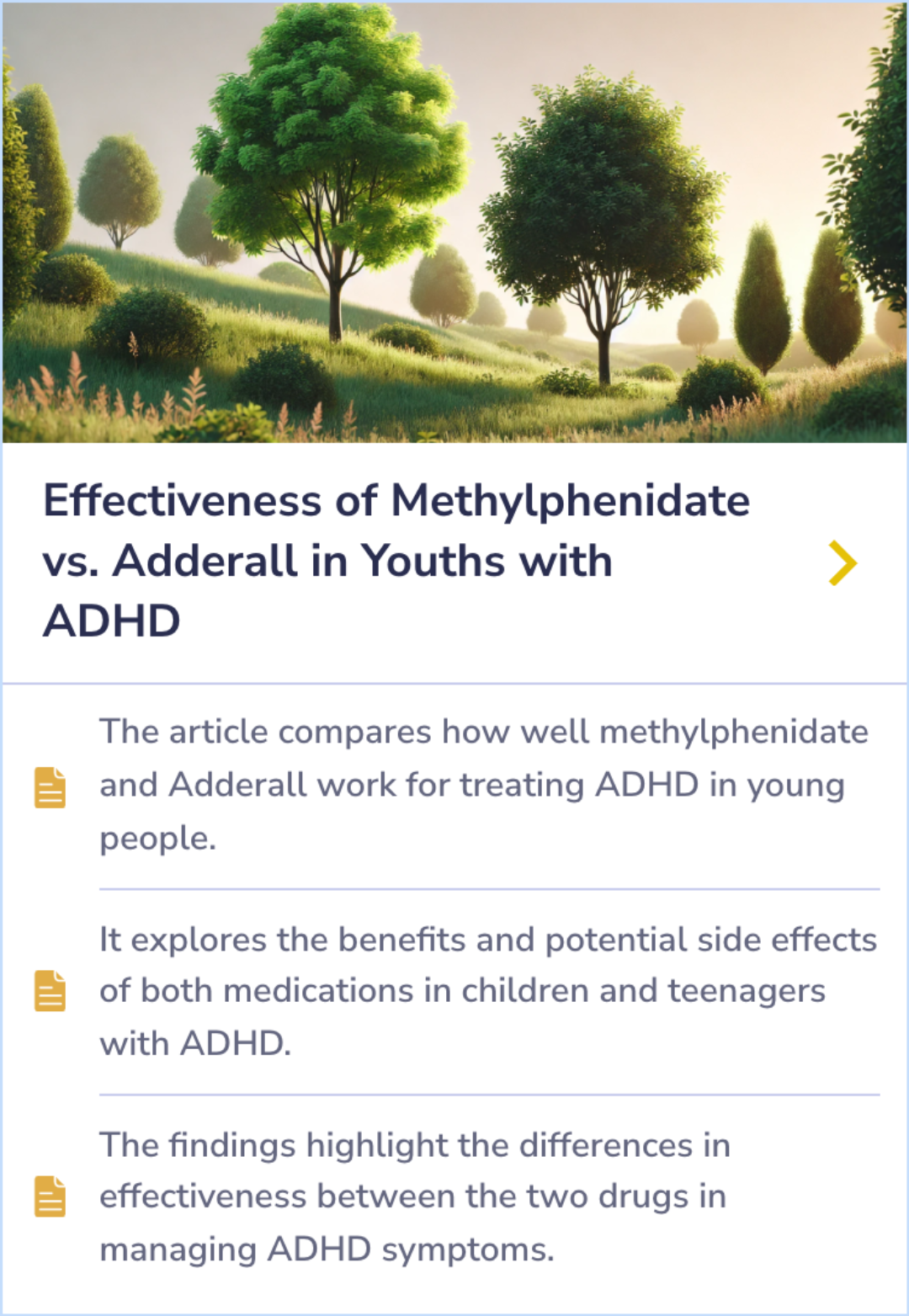 Summary Card on Adderall's effects, emphasizing its role in improving focus, reducing impulsivity but potentially causing side effects like irritability and aggression.