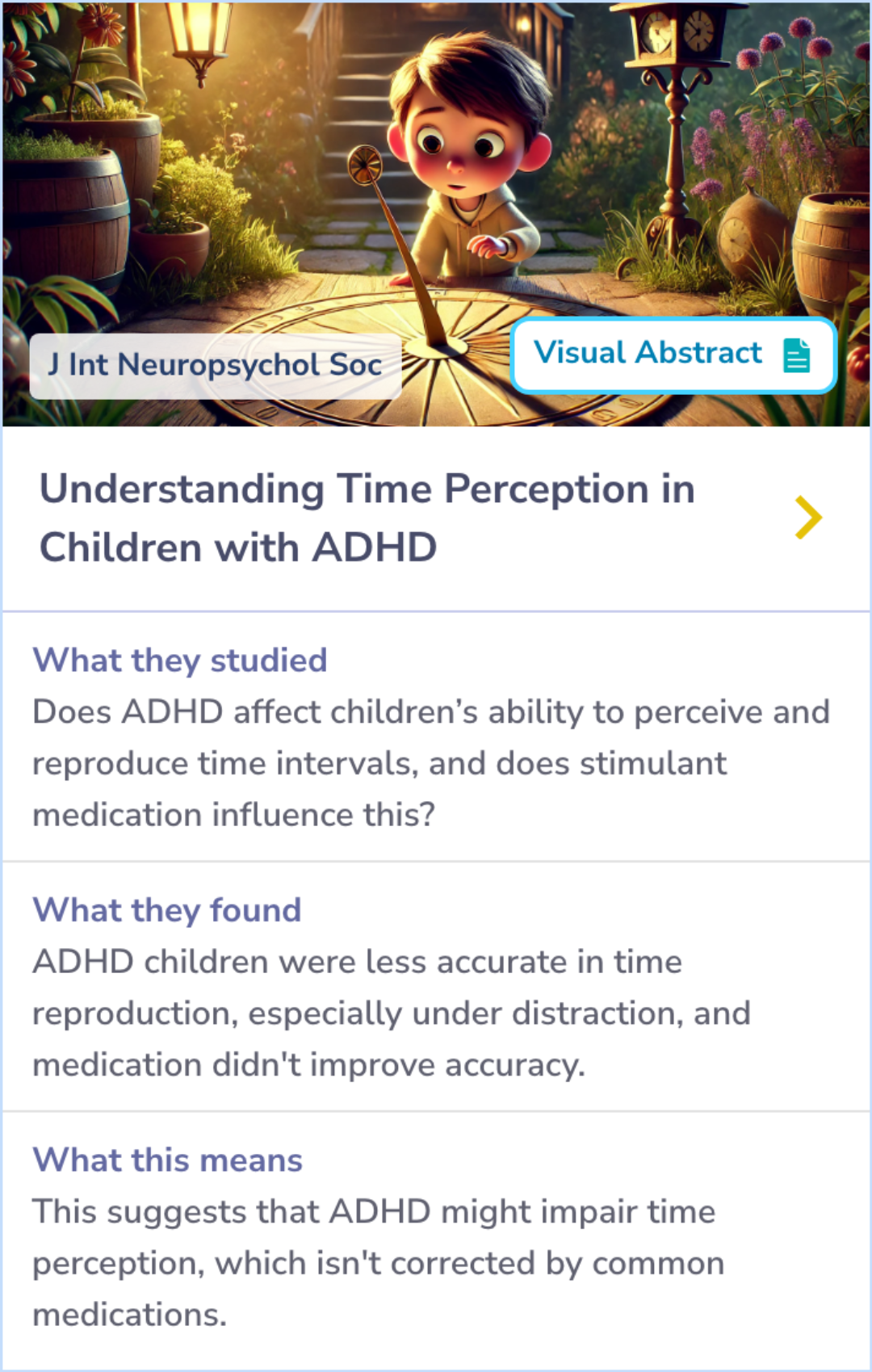 Summary Card showing that children with ADHD are less accurate in reproducing time intervals and that stimulant medication does not improve this accuracy.