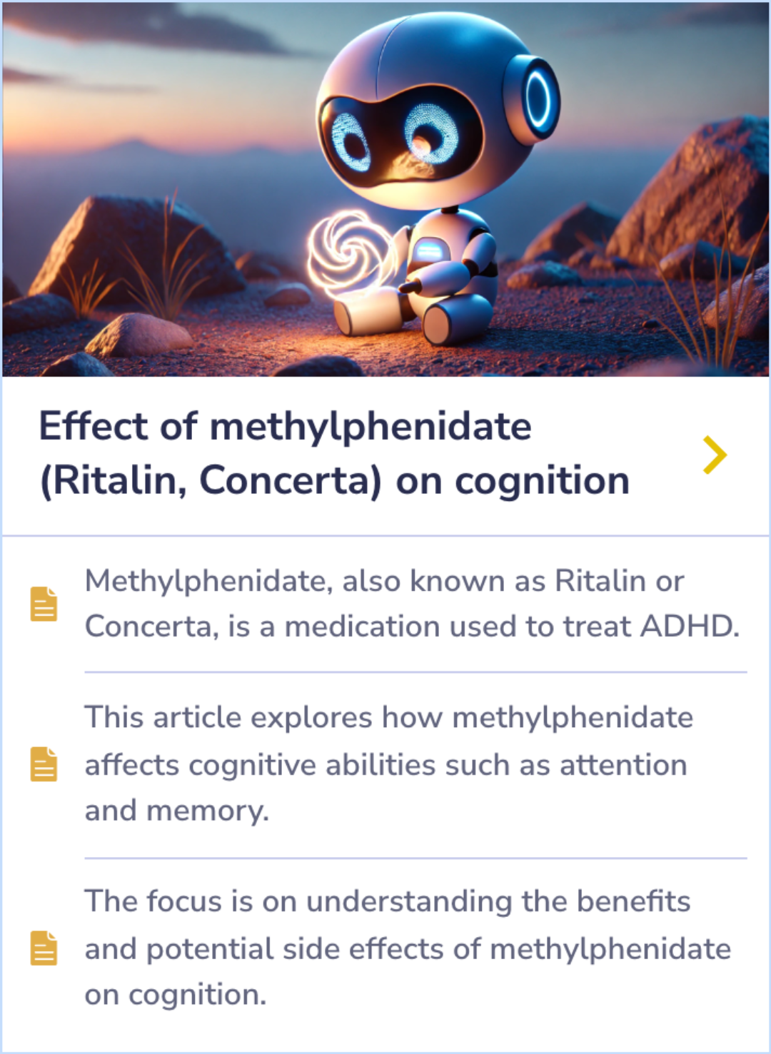 This Summary Card explores how methylphenidate, known as Ritalin or Concerta, impacts cognitive functions like attention and memory. It discusses both its benefits and potential side effects.