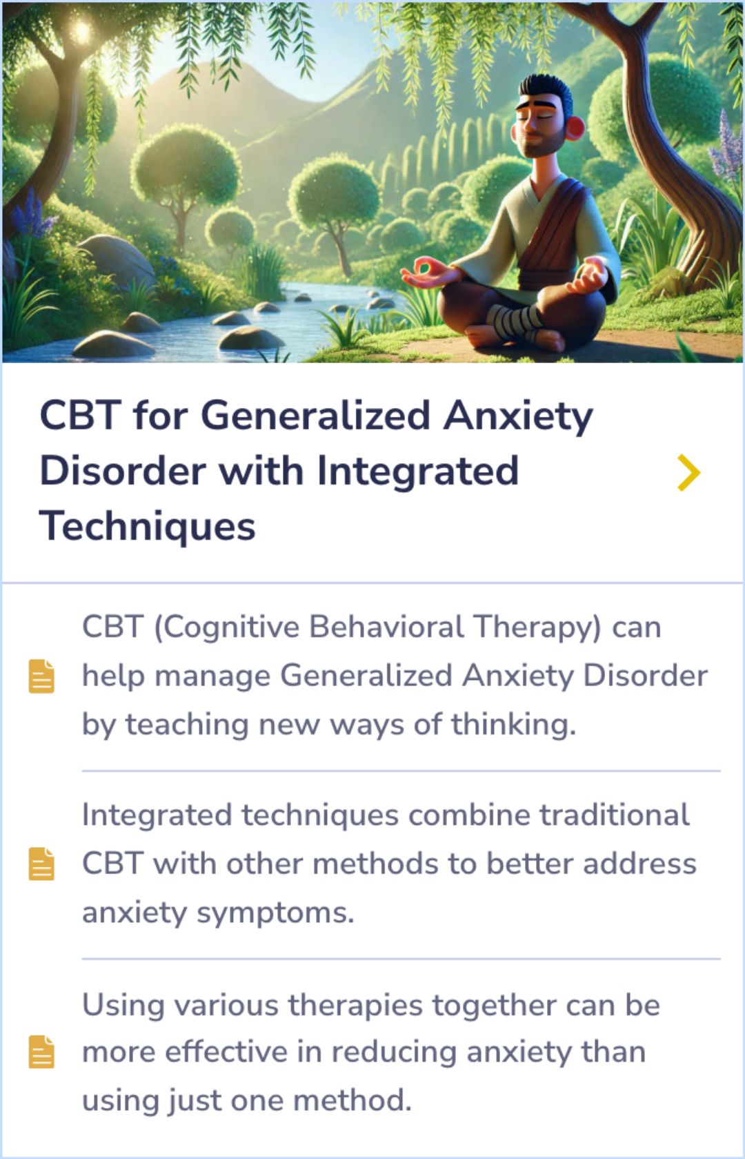 Summary Card highlighting the benefits of integrating Cognitive Behavioral Therapy (CBT) with other techniques to treat Generalized Anxiety Disorder (GAD), offering a more effective approach to reducing anxiety symptoms.