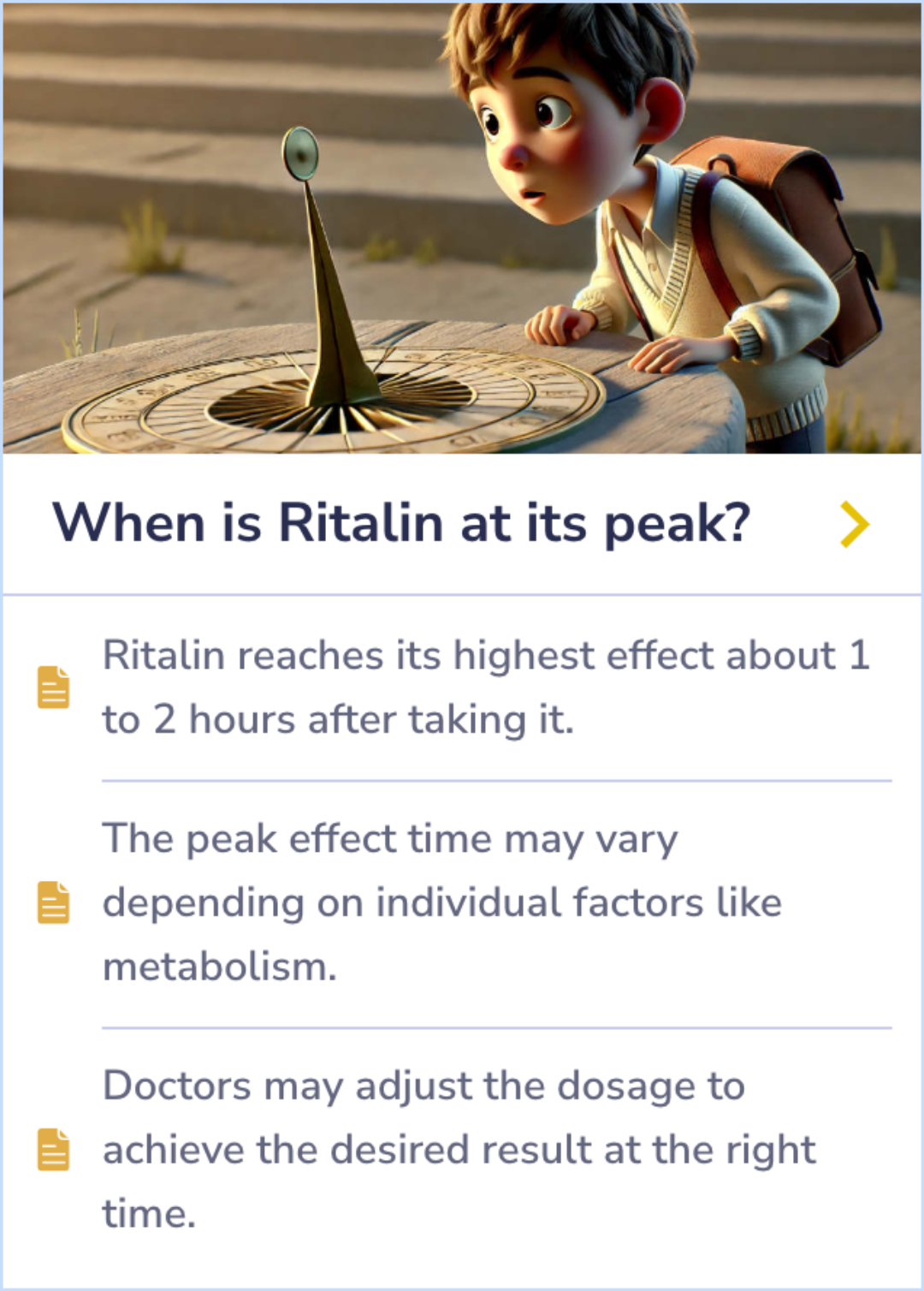 Summary Card on how timing impacts Ritalin's peak effect and dose adjustments for effectiveness.