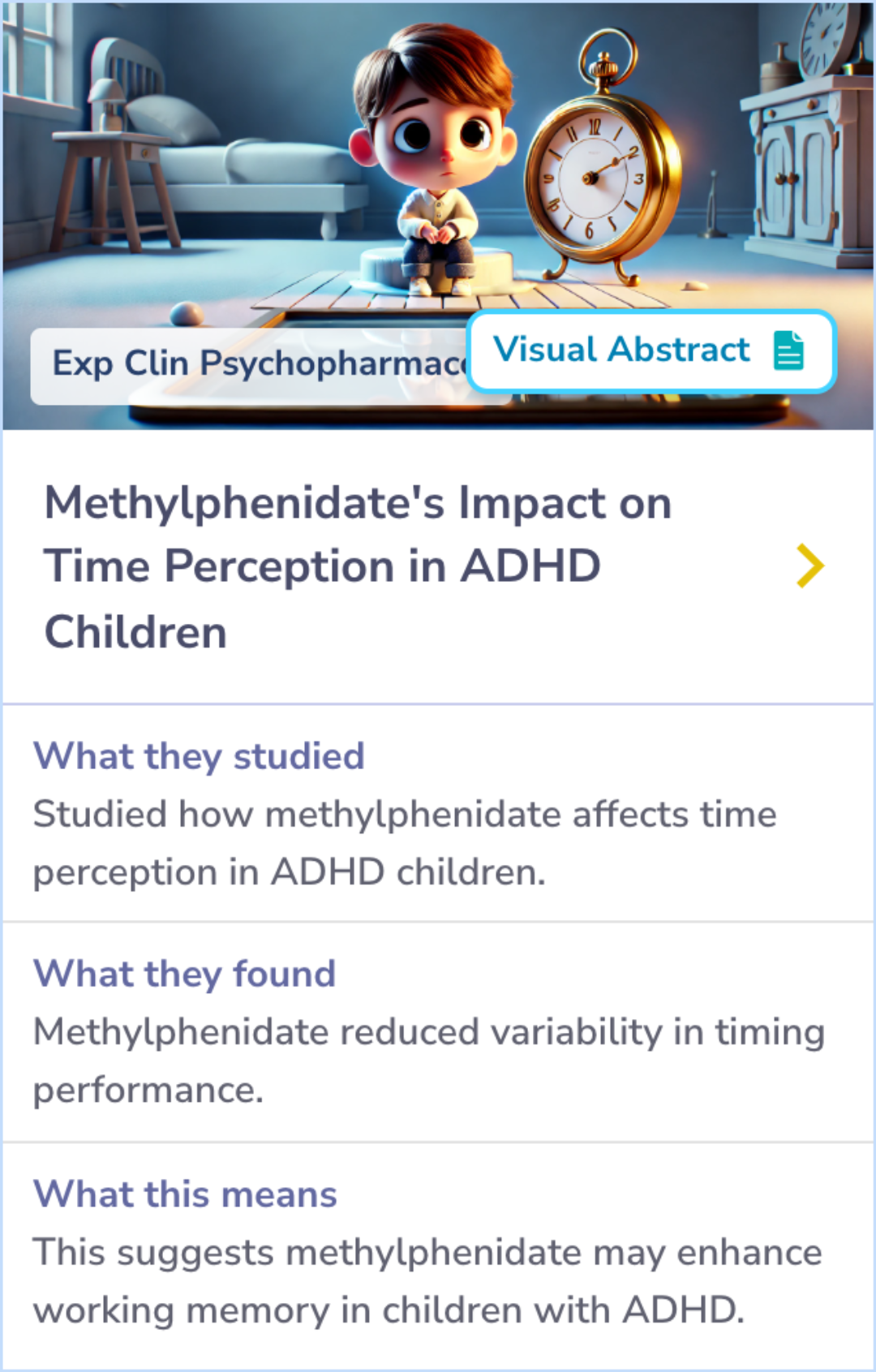 Summary card showing the effects of methylphenidate on timing performance in children with ADHD. Highlights include reduced timing variability, more consistent lever holds of 10-11 seconds, and fewer extremely short holds.