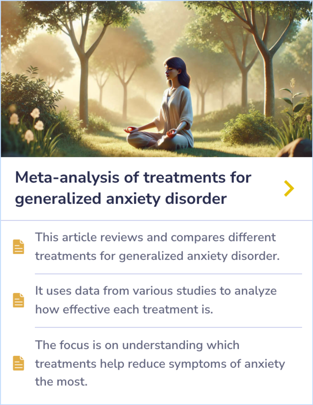 Summary Card comparing the effectiveness of treatments for generalized anxiety disorder, focusing on symptom reduction strategies.