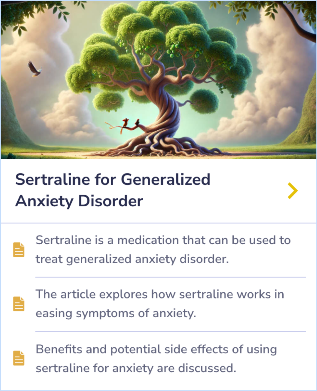 Summary Card on the use of sertraline for treating generalized anxiety disorder, exploring its role in symptom relief, benefits, and possible side effects.