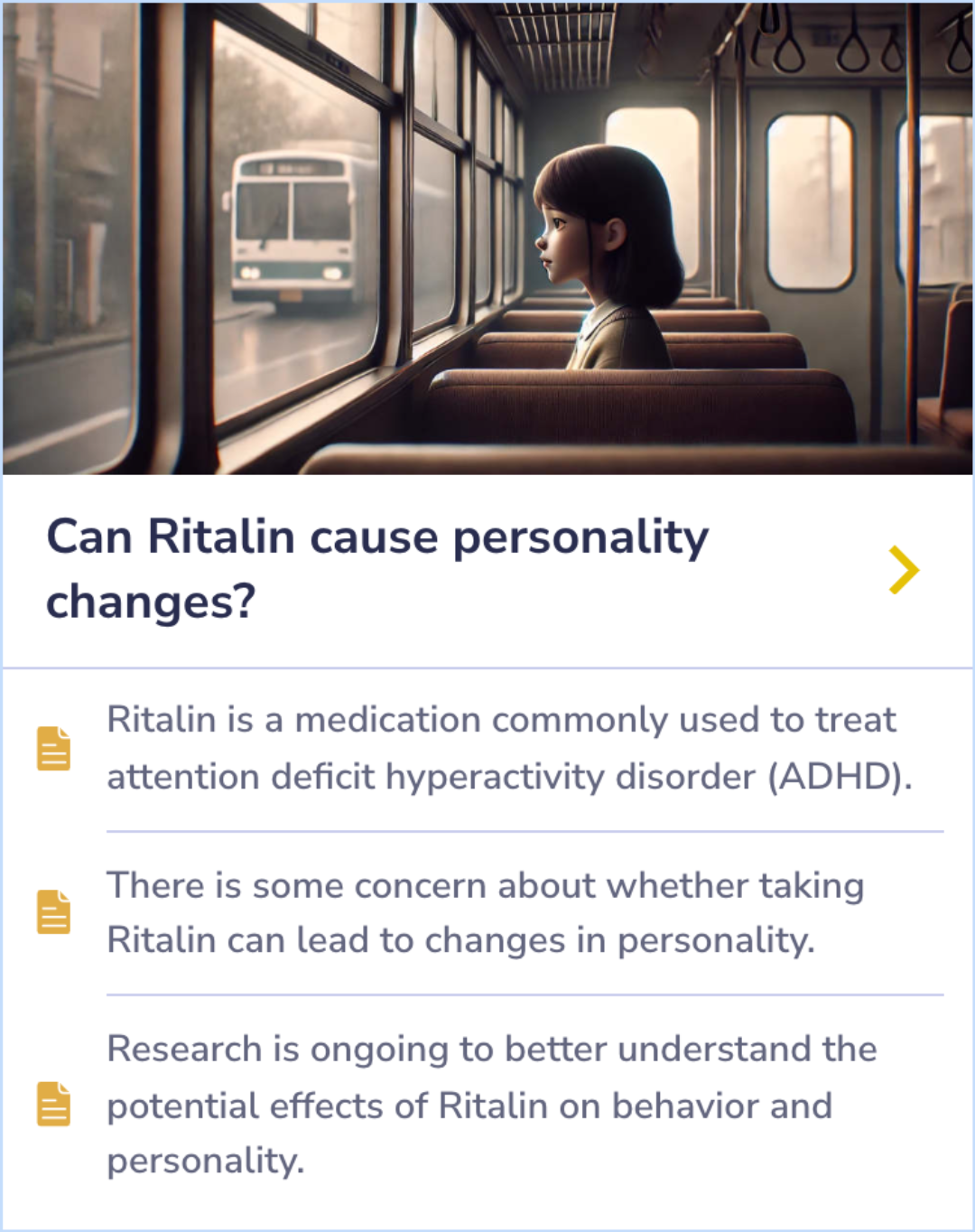 Summary Card discussing research on Ritalin's impact on personality and potential changes in behavior for individuals with ADHD.