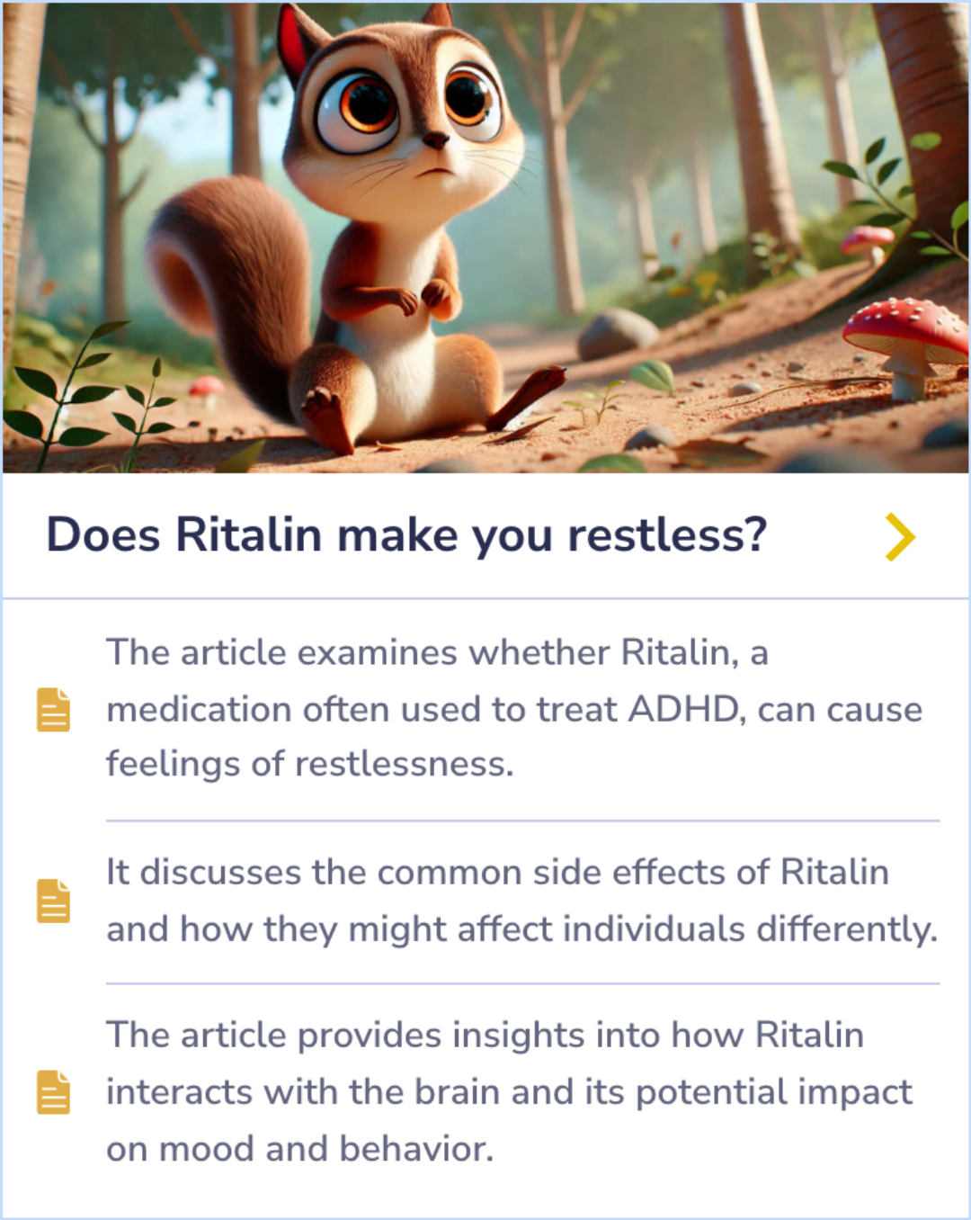 Summary Card exploring Ritalin’s potential to cause restlessness and how it affects behavior, mood, and brain interactions.