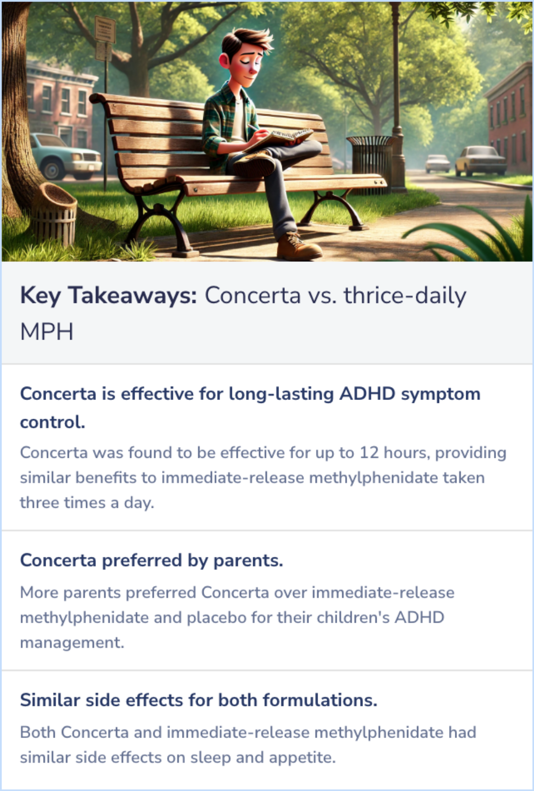 Key Takeaways for Once-a-day Concerta methylphenidate versus three-times-daily methylphenidate in laboratory and natural settings