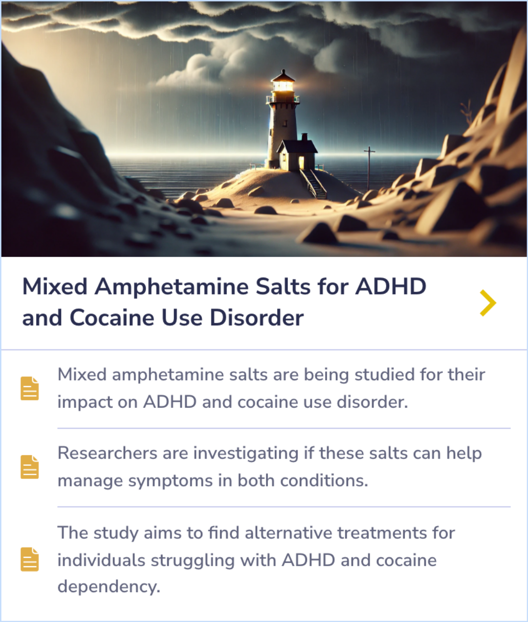 Summary Card highlighting research into mixed amphetamine salts as a treatment for ADHD and cocaine use disorder.