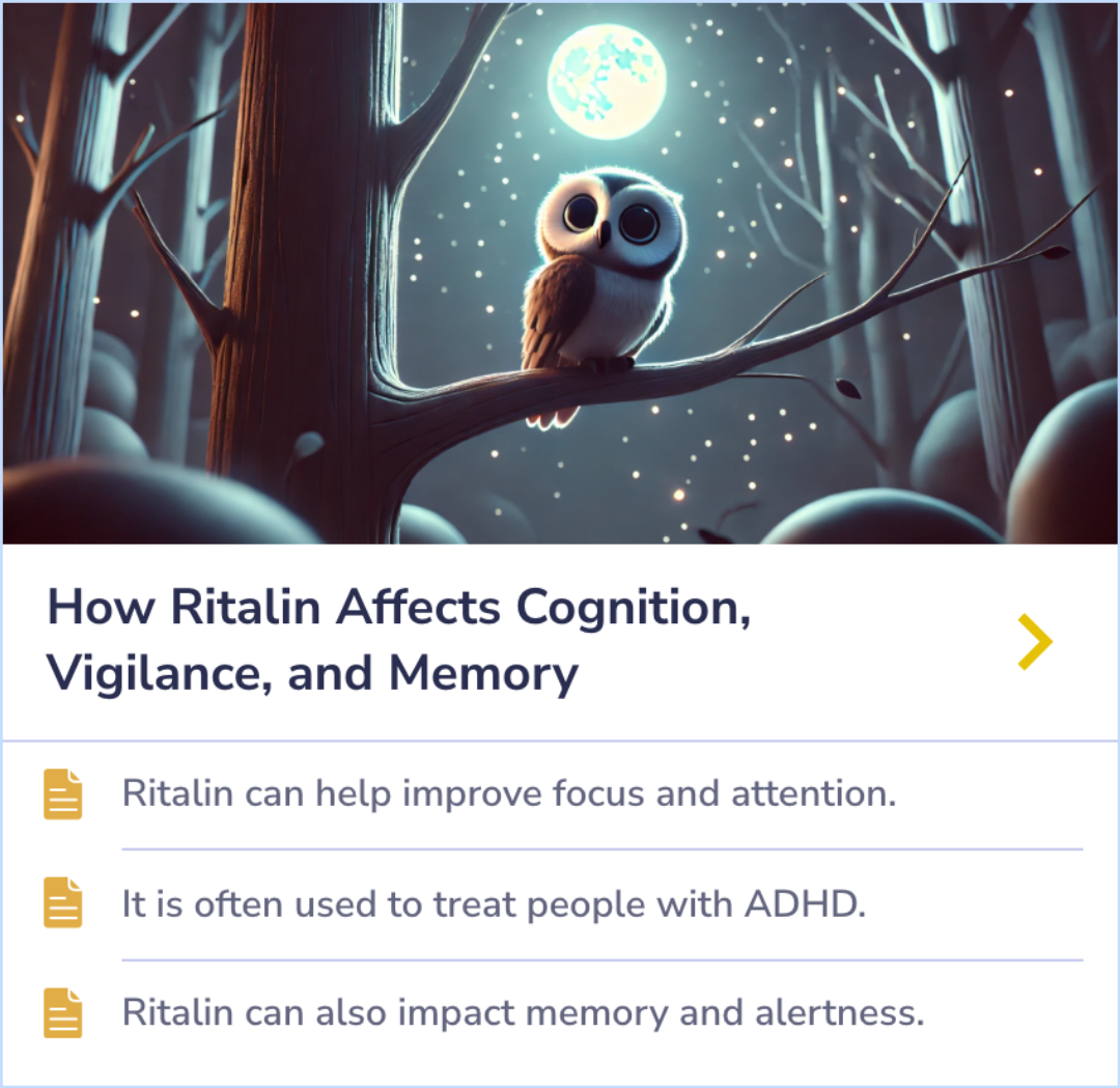 Summary Card detailing the varied long-term efficacy and safety of Methylphenidate in adults, highlighting differences in response rates, common adverse effects, and cognitive benefits.