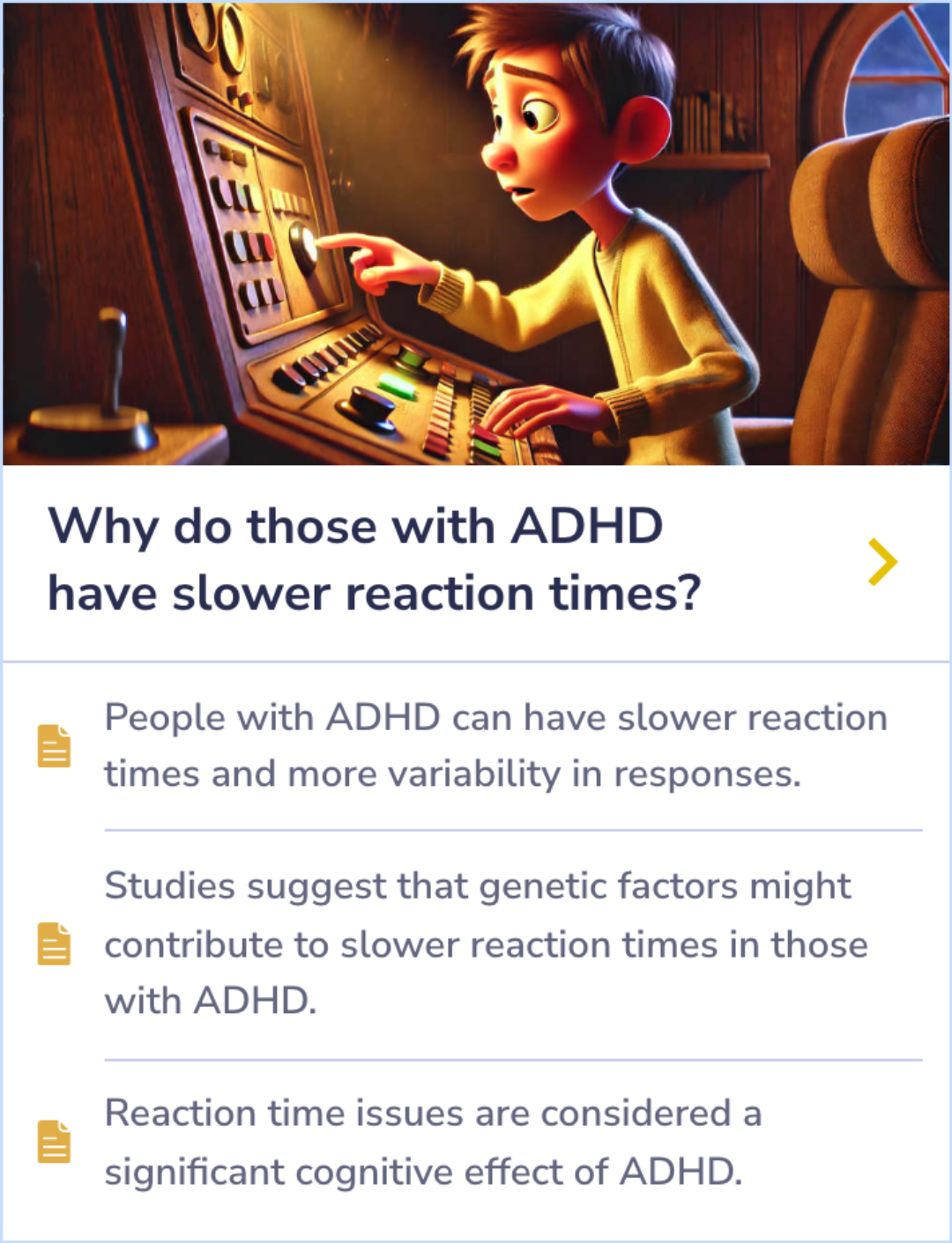 Summary Card explaining how ADHD individuals experience slower and more variable reaction times, possibly influenced by genetic factors.